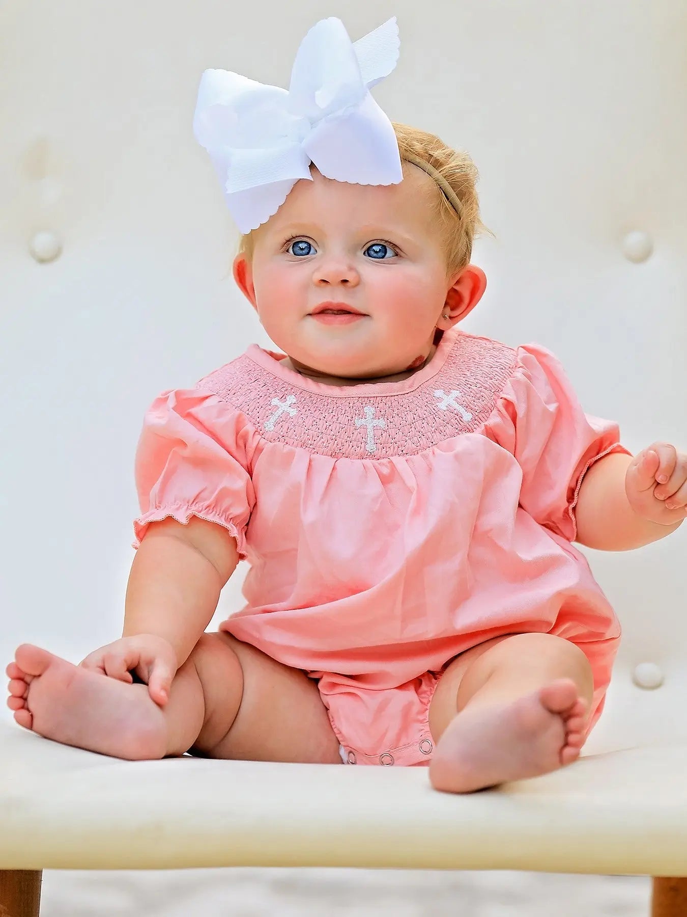 Coral Smocked Church Christ Bishop Christening Girls Romper Rylee Faith Designs Everetts Place: Online Boutique