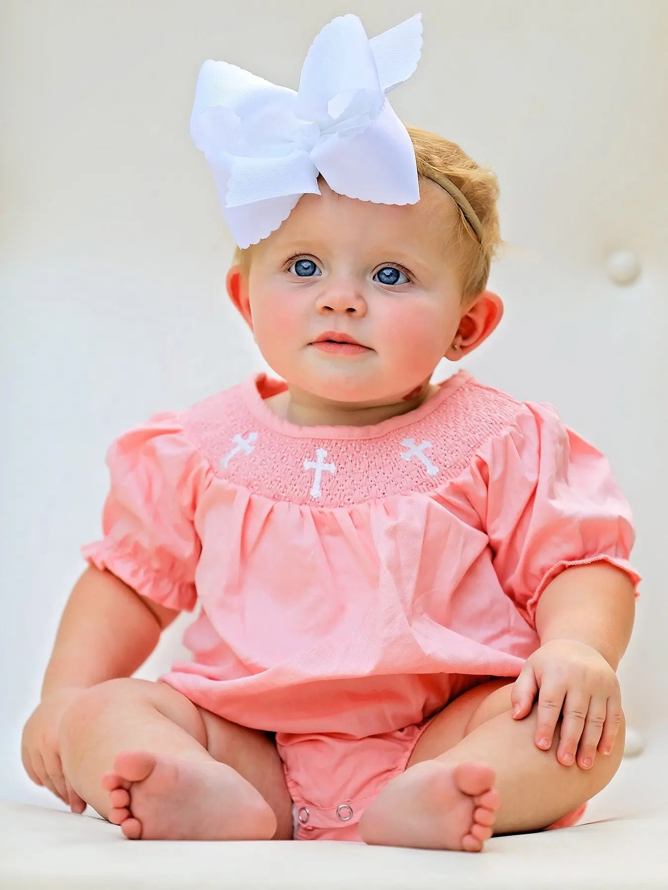 Coral Smocked Church Christ Bishop Christening Girls Romper Rylee Faith Designs Everetts Place: Online Boutique
