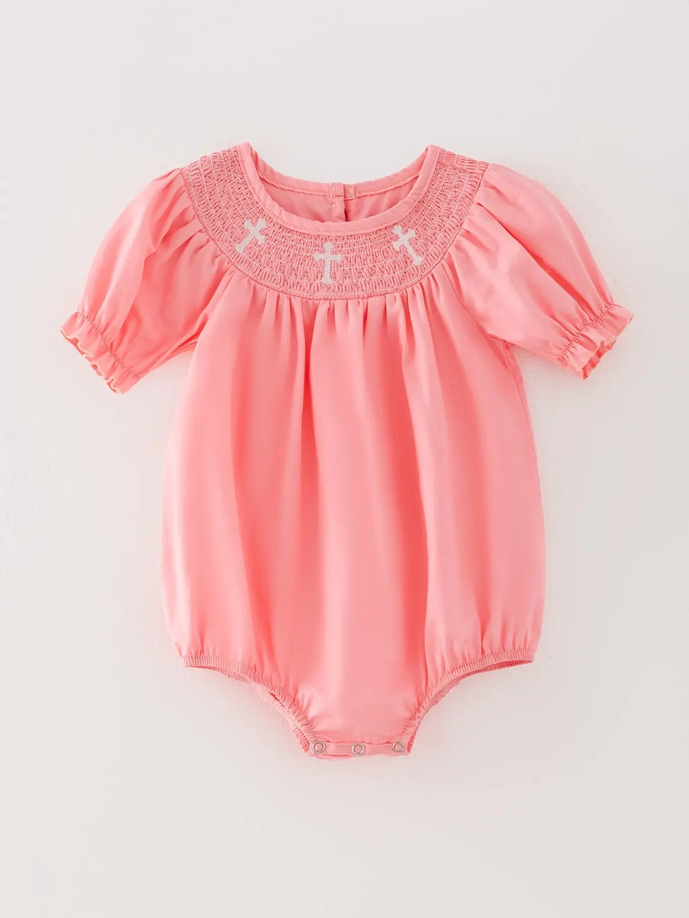 Coral Smocked Church Christ Bishop Christening Girls Romper Rylee Faith Designs Everetts Place: Online Boutique