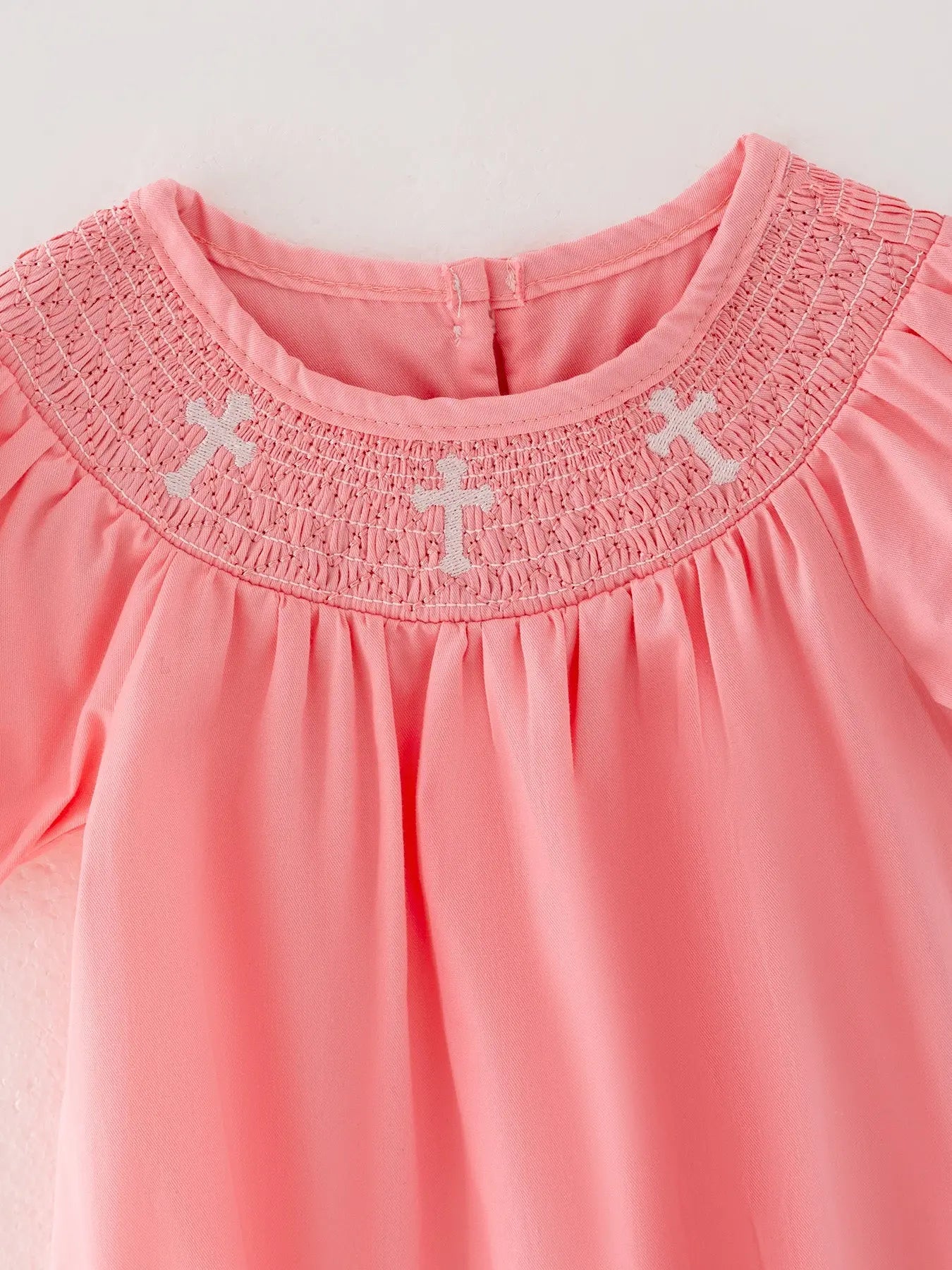 Coral Smocked Church Christ Bishop Christening Girls Romper Rylee Faith Designs Everetts Place: Online Boutique