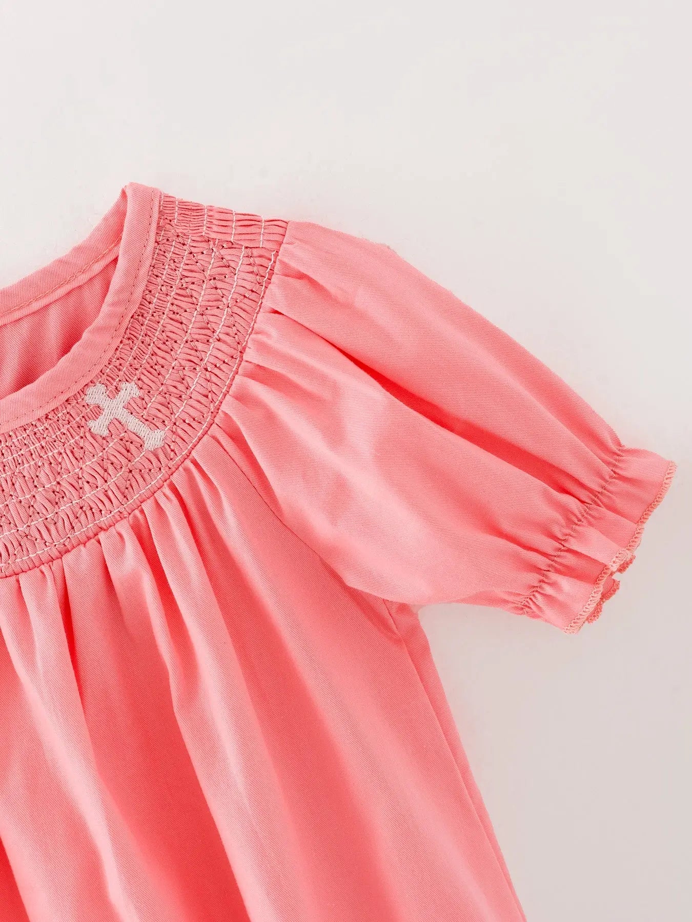 Coral Smocked Church Christ Bishop Christening Girls Romper Rylee Faith Designs Everetts Place: Online Boutique