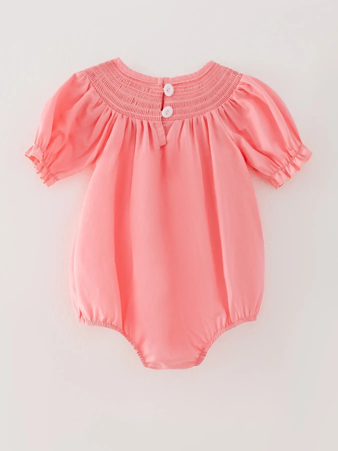 Coral Smocked Church Christ Bishop Christening Girls Romper Rylee Faith Designs Everetts Place: Online Boutique