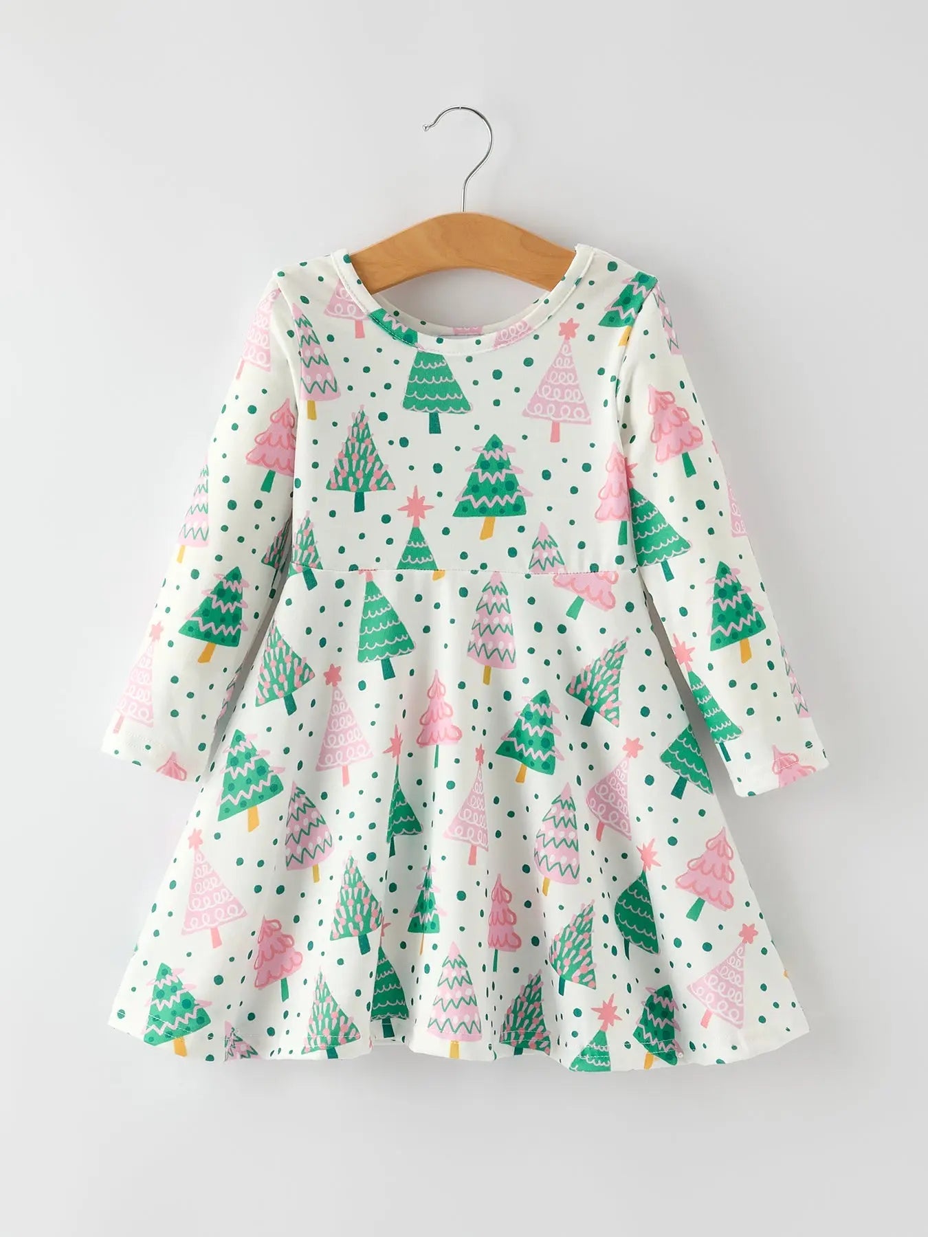 Cute Holiday Dress with Christmas Tree and Snow Prints Rylee Faith Designs Everetts Place: Online Boutique