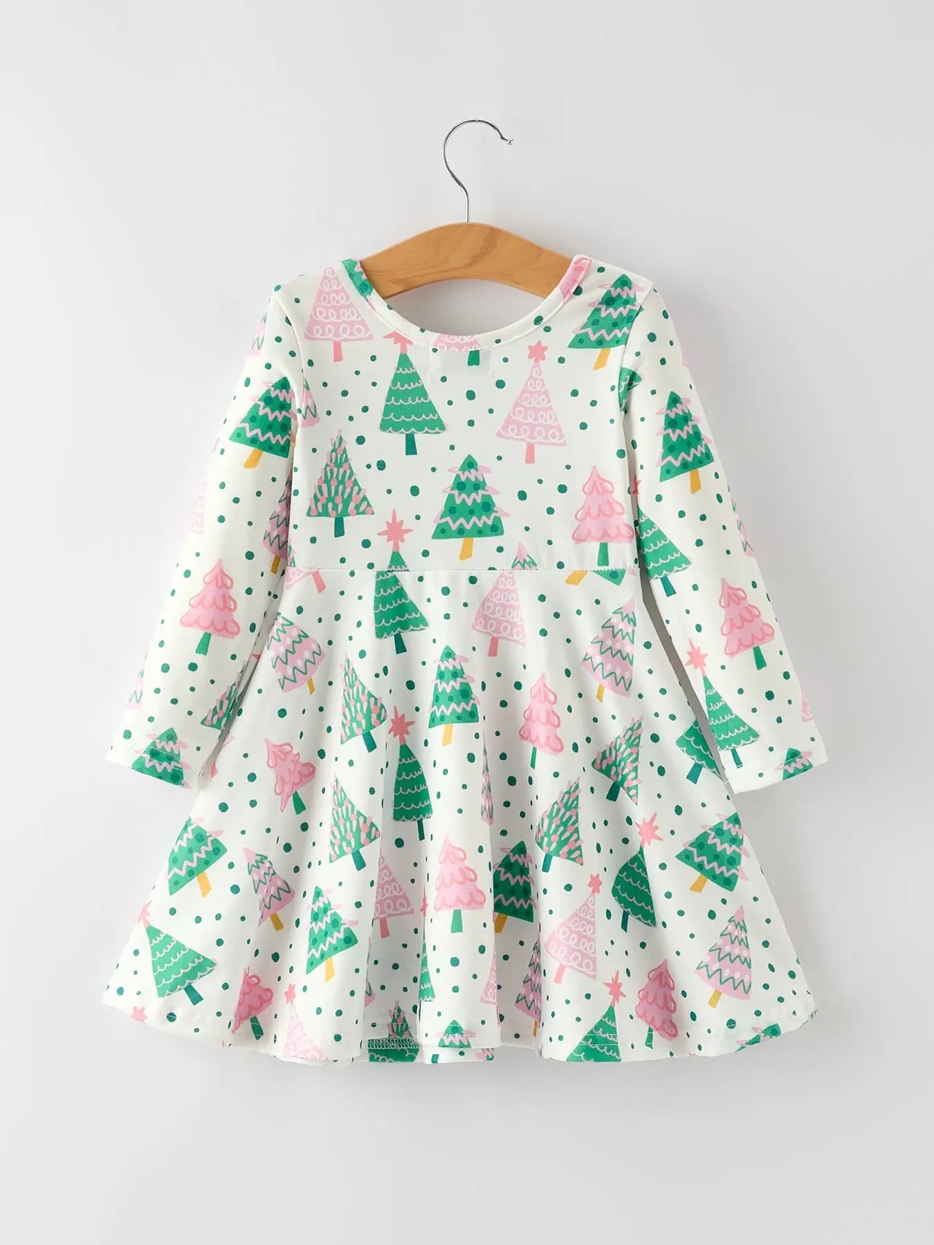 Cute Holiday Dress with Christmas Tree and Snow Prints Rylee Faith Designs Everetts Place: Online Boutique