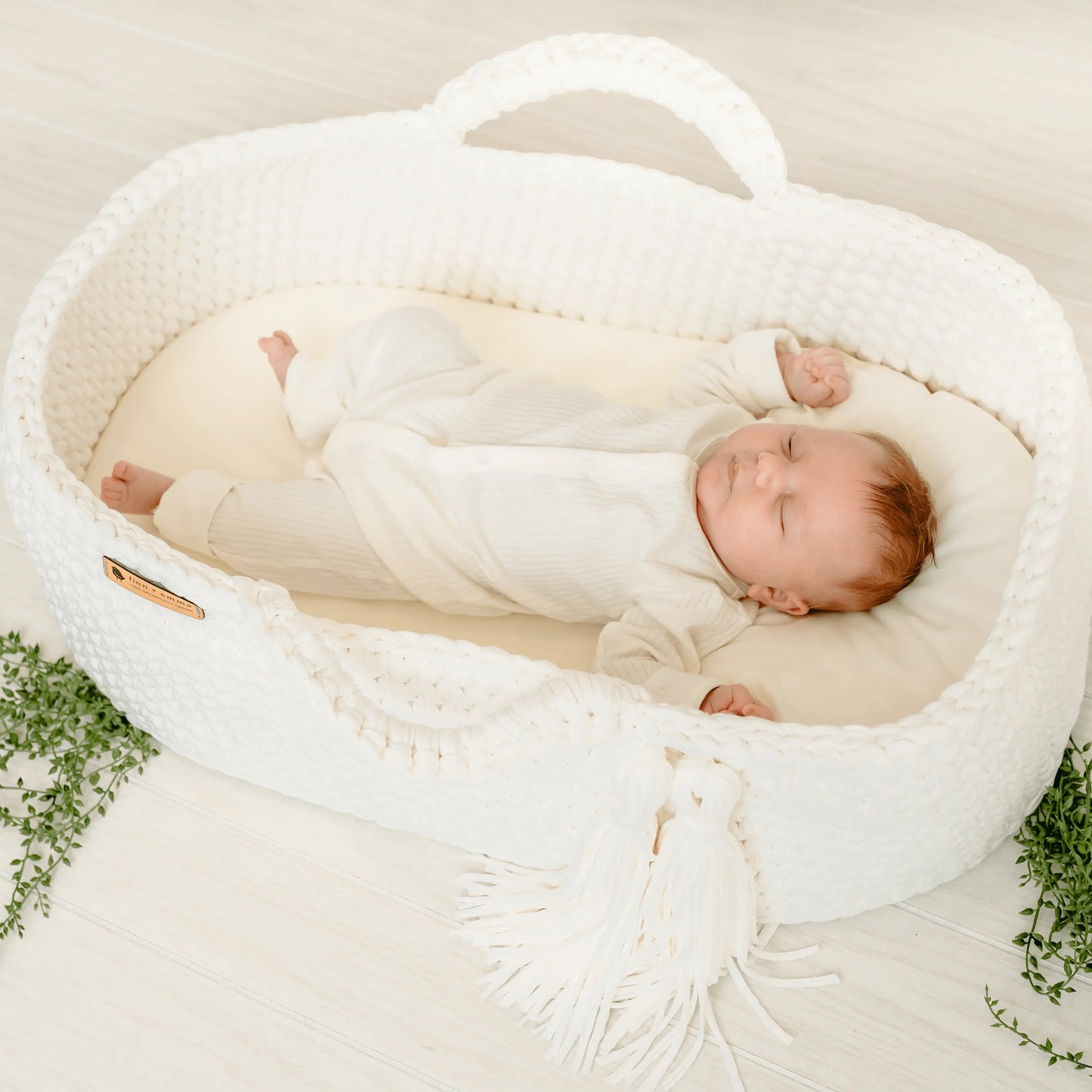 Carry Cot Latte Organic Cotton Crochet Knit Bassinet Finn + Emma