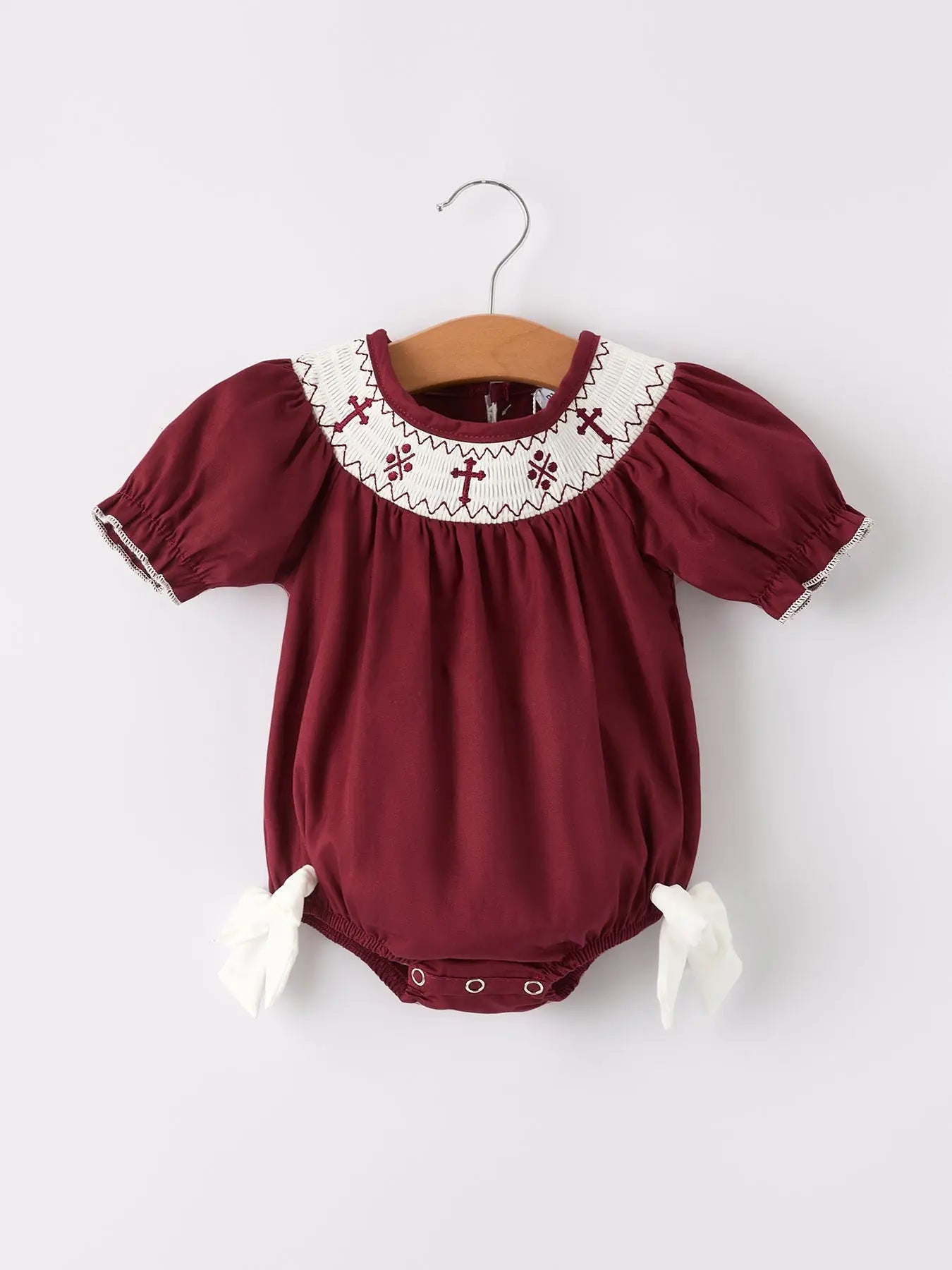 Dark Red Smocked Church Bishop Christening Girls Romper Rylee Faith Designs Everetts Place: Online Boutique