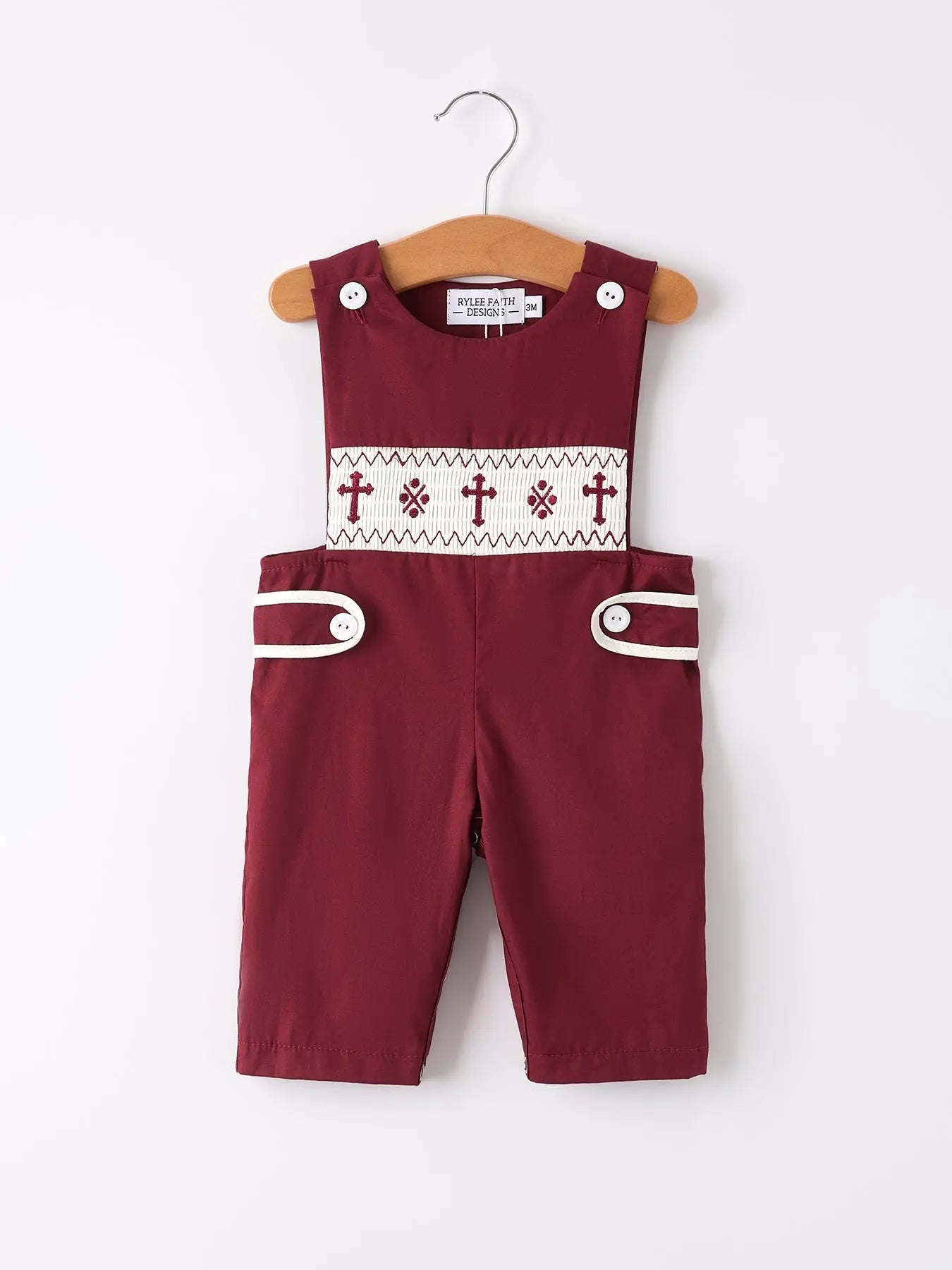 Dark Red Smocked Church Christ Bishop Christening Boys Romper Rylee Faith Designs Everetts Place: Online Boutique