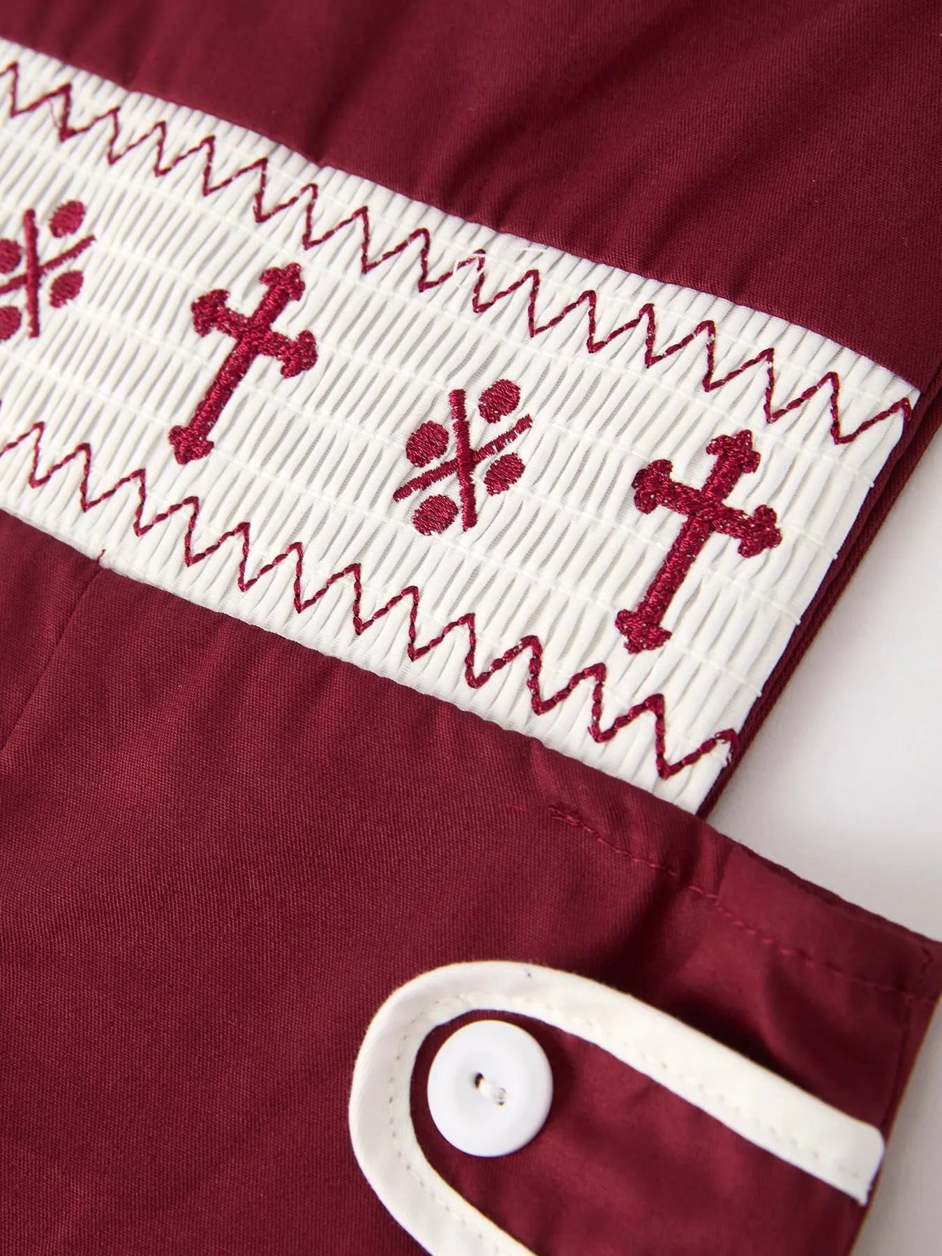 Dark Red Smocked Church Christ Bishop Christening Boys Romper Rylee Faith Designs Everetts Place: Online Boutique