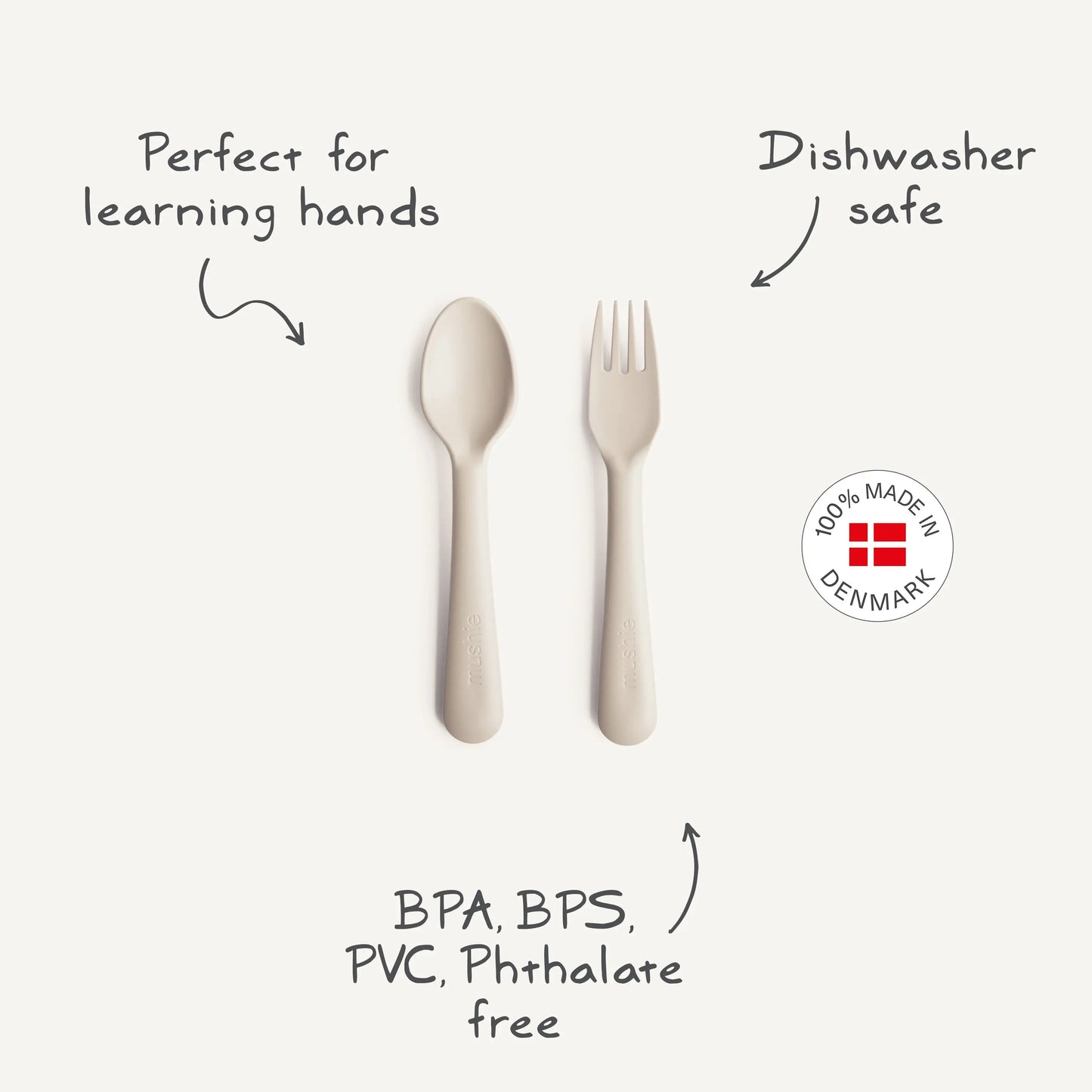 Dinnerware Fork and Spoon Set for Kids BPA Free Plastic Flatware Dishwasher Safe Made in Denmark Mushie Everetts Place: Online Boutique