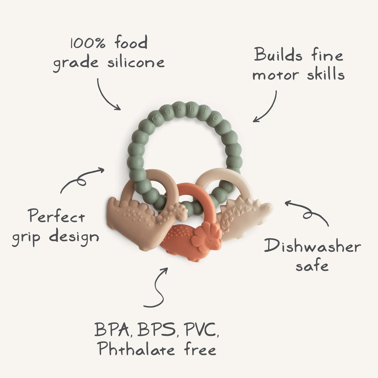 Dino Teething Ring with Sensory Shapes and Textures Mushie Everetts Place: Online Boutique
