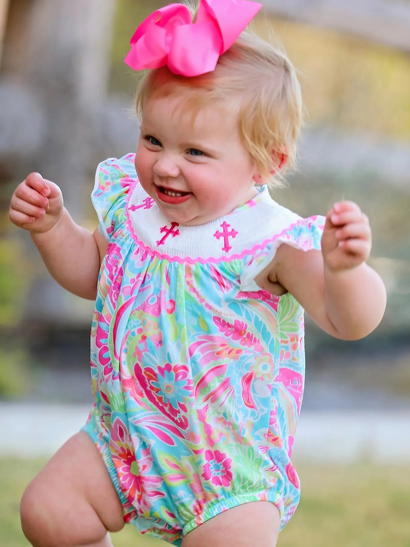 Easter Cross Smocking Embroidery Baby Girl Romper Rylee Faith Designs Everetts Place: Online Boutique