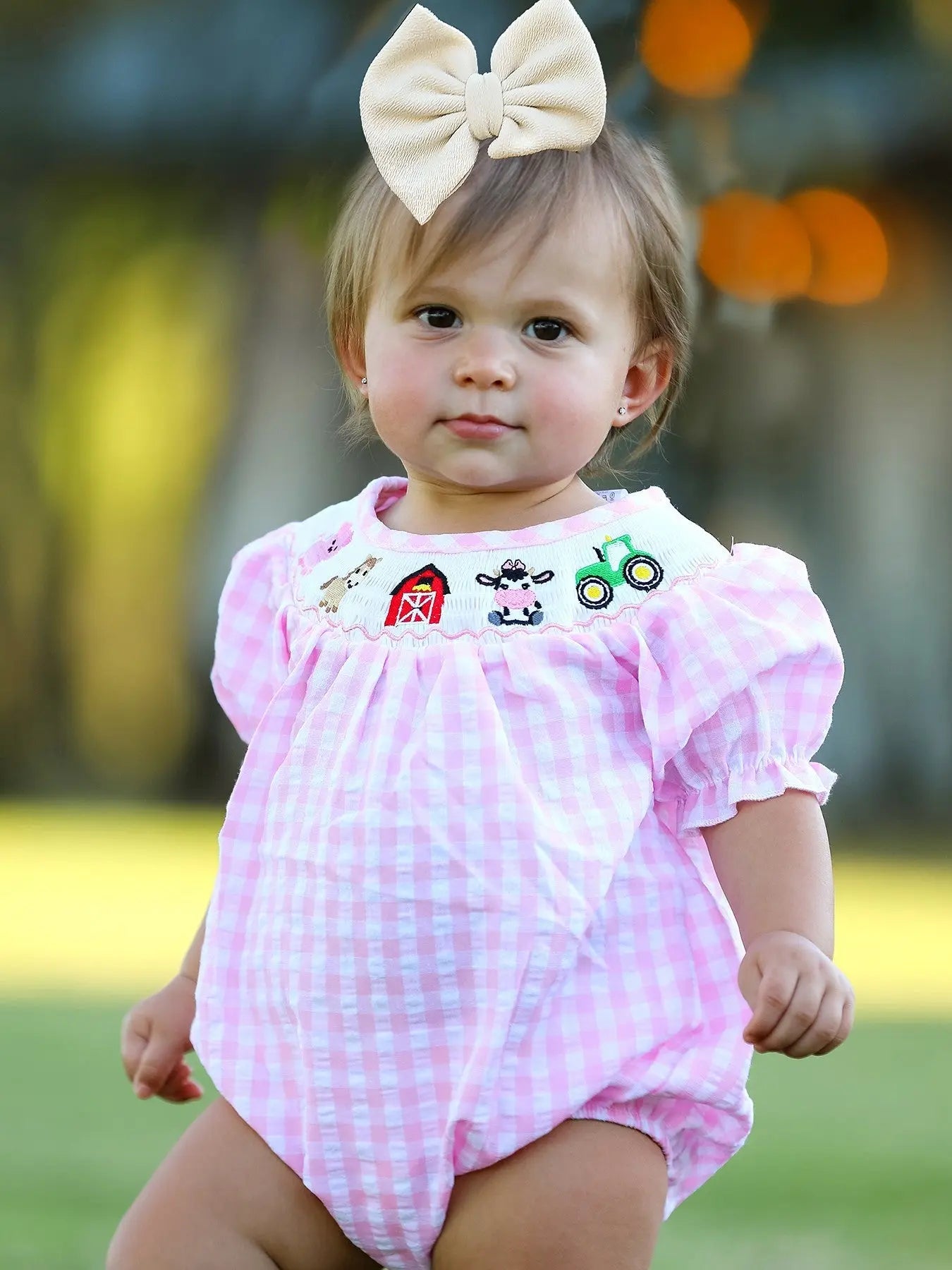 Farm Pink Smocking Embroidered Girls Romper for Thanksgiving Celebrations Rylee Faith Designs Everetts Place: Online Boutique