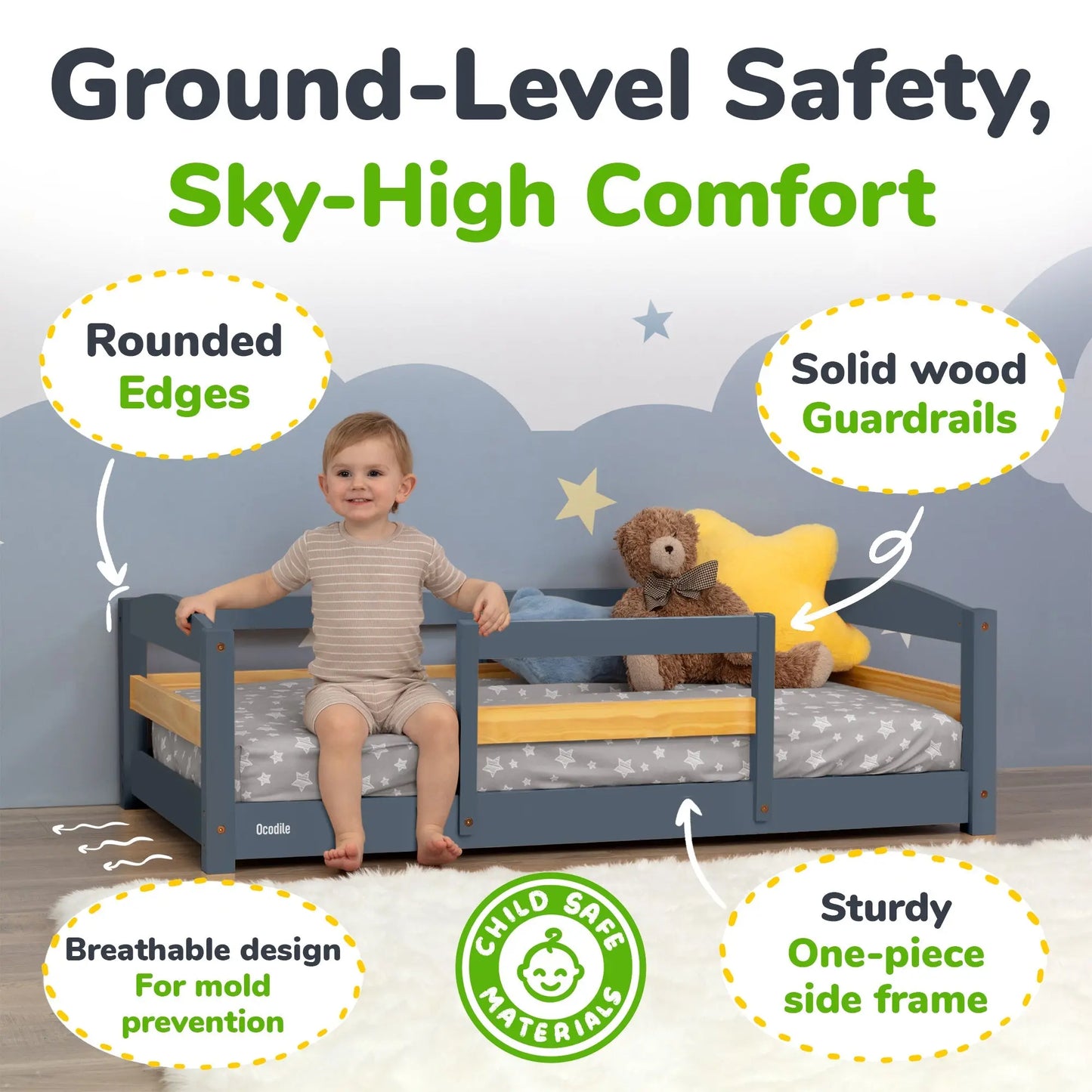 Ocodile.com Cozy Floor Bed for Toddlers with Crib Mattress Compatibility for Easy Transition - Furniture > Baby & Toddler Furniture > Cribs & Toddler Beds > Toddler Beds