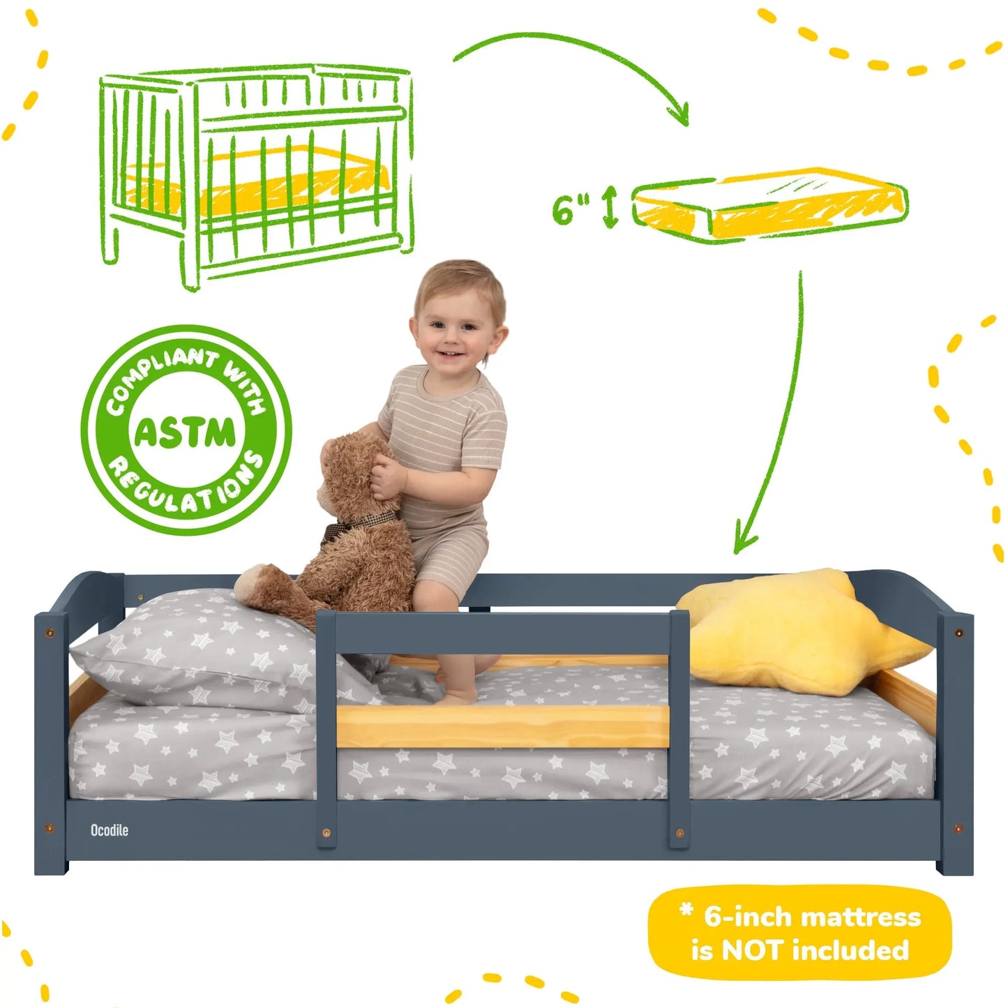 Ocodile.com Cozy Floor Bed for Toddlers with Crib Mattress Compatibility for Easy Transition - Furniture > Baby & Toddler Furniture > Cribs & Toddler Beds > Toddler Beds