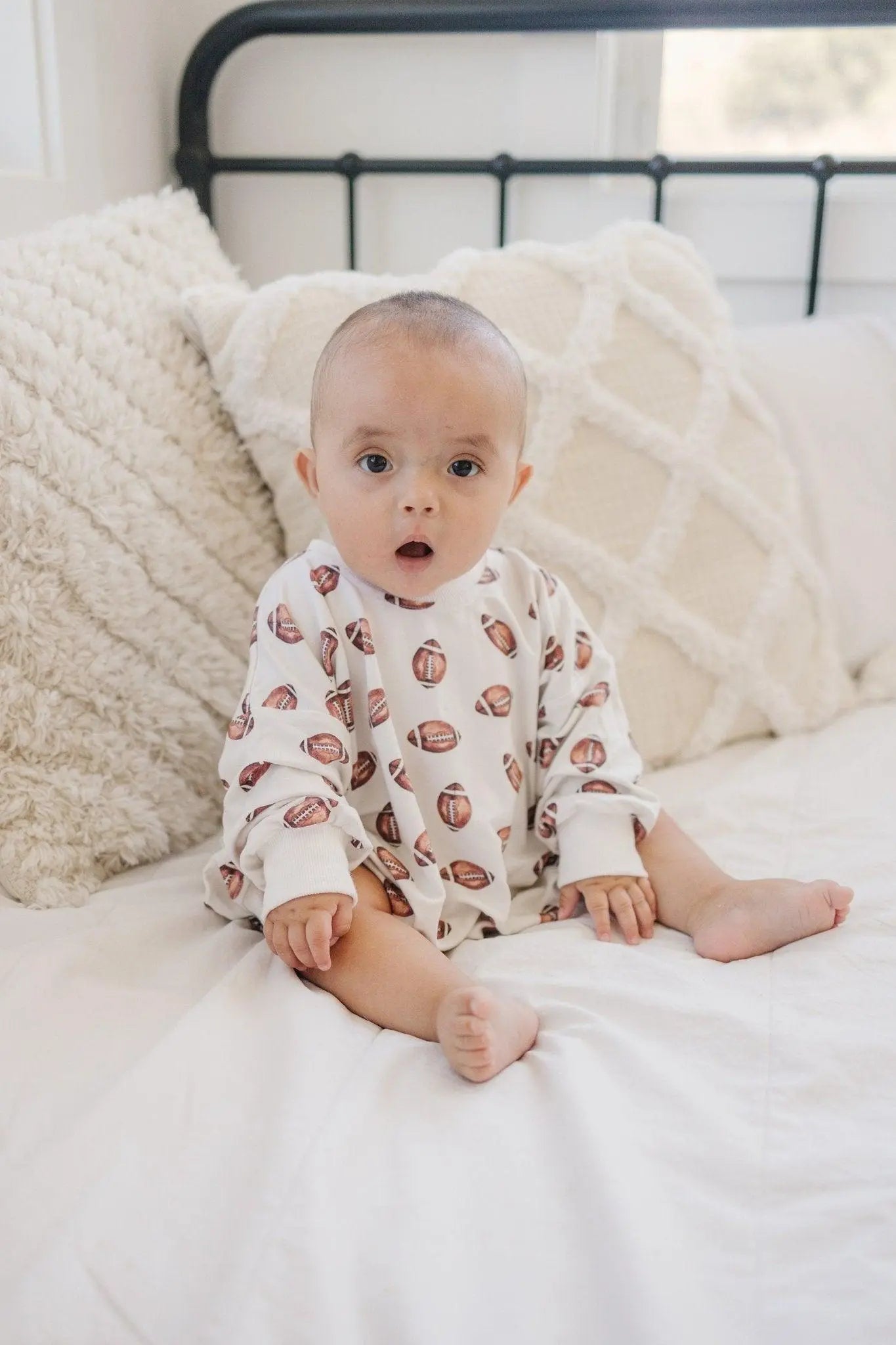 Little Joy Co. Football Print Bamboo Bubble Romper Unisex Baby Outfit - Apparel & Accessories > Clothing > Baby & Toddler Clothing > Baby One-Pieces