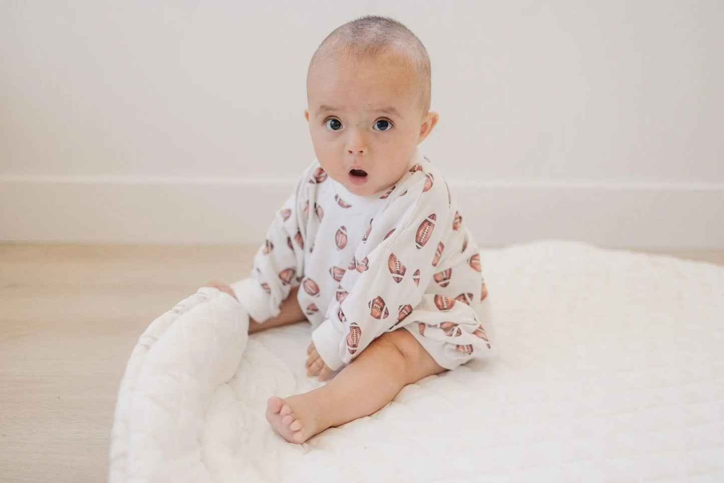 Little Joy Co. Football Print Bamboo Bubble Romper Unisex Baby Outfit - Apparel & Accessories > Clothing > Baby & Toddler Clothing > Baby One-Pieces