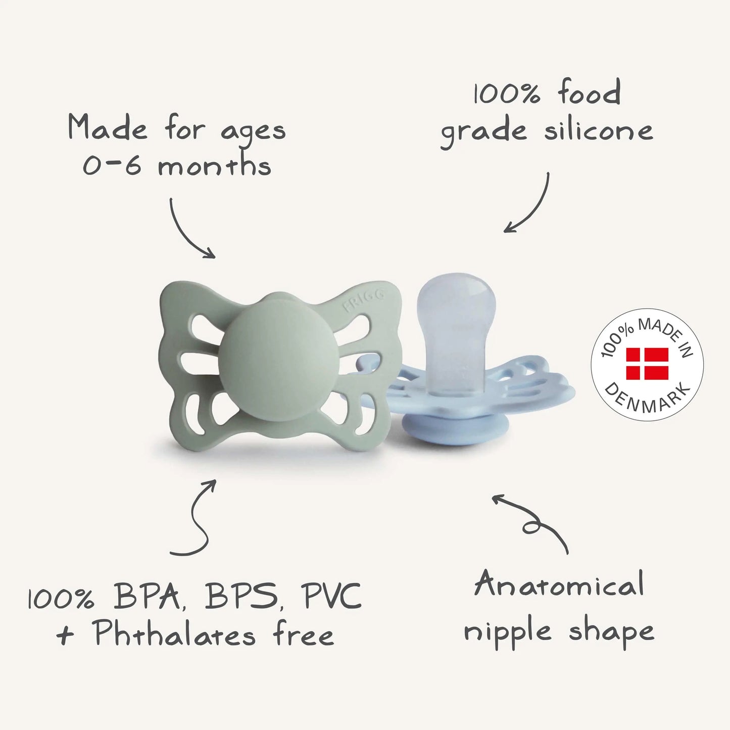 Frigg Butterfly Anatomical Silicone Pacifier 2 Pack 0 to 6 Months Mushie Everetts Place: Online Boutique