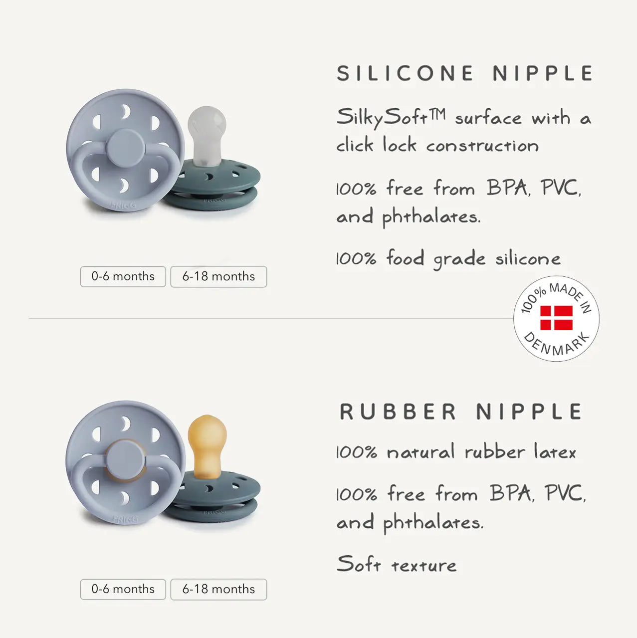 Frigg Moon Silicone Pacifier 2 Pack with SilkySoft Nipple and Click Lock System Mushie Everetts Place: Online Boutique