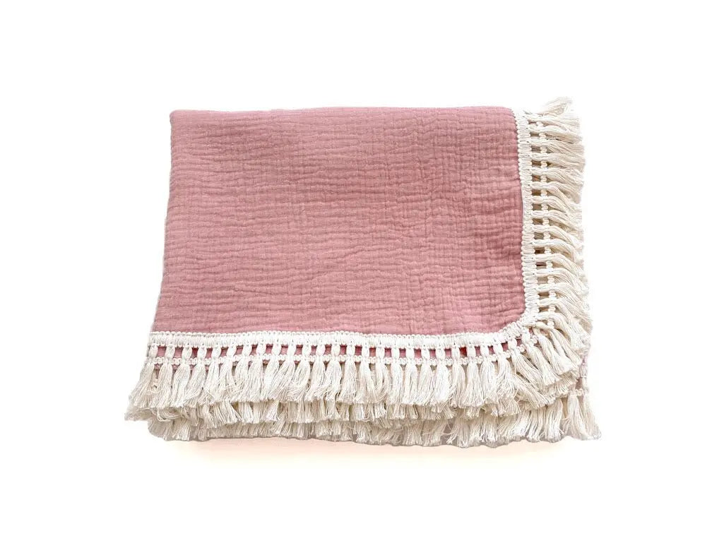 Fringe Swaddle Blanket - Rose Pink Harp Angel Boutique