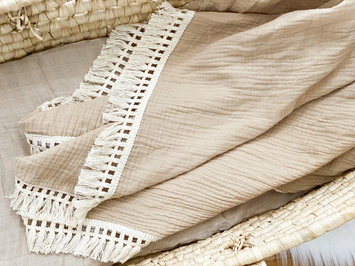 Fringe Swaddle Blanket - Tan Harp Angel Boutique