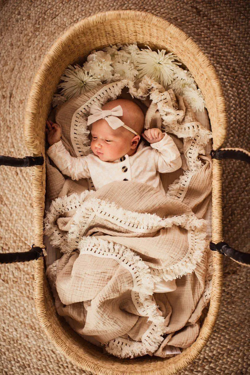 Fringe Swaddle Blanket - Tan Harp Angel Boutique