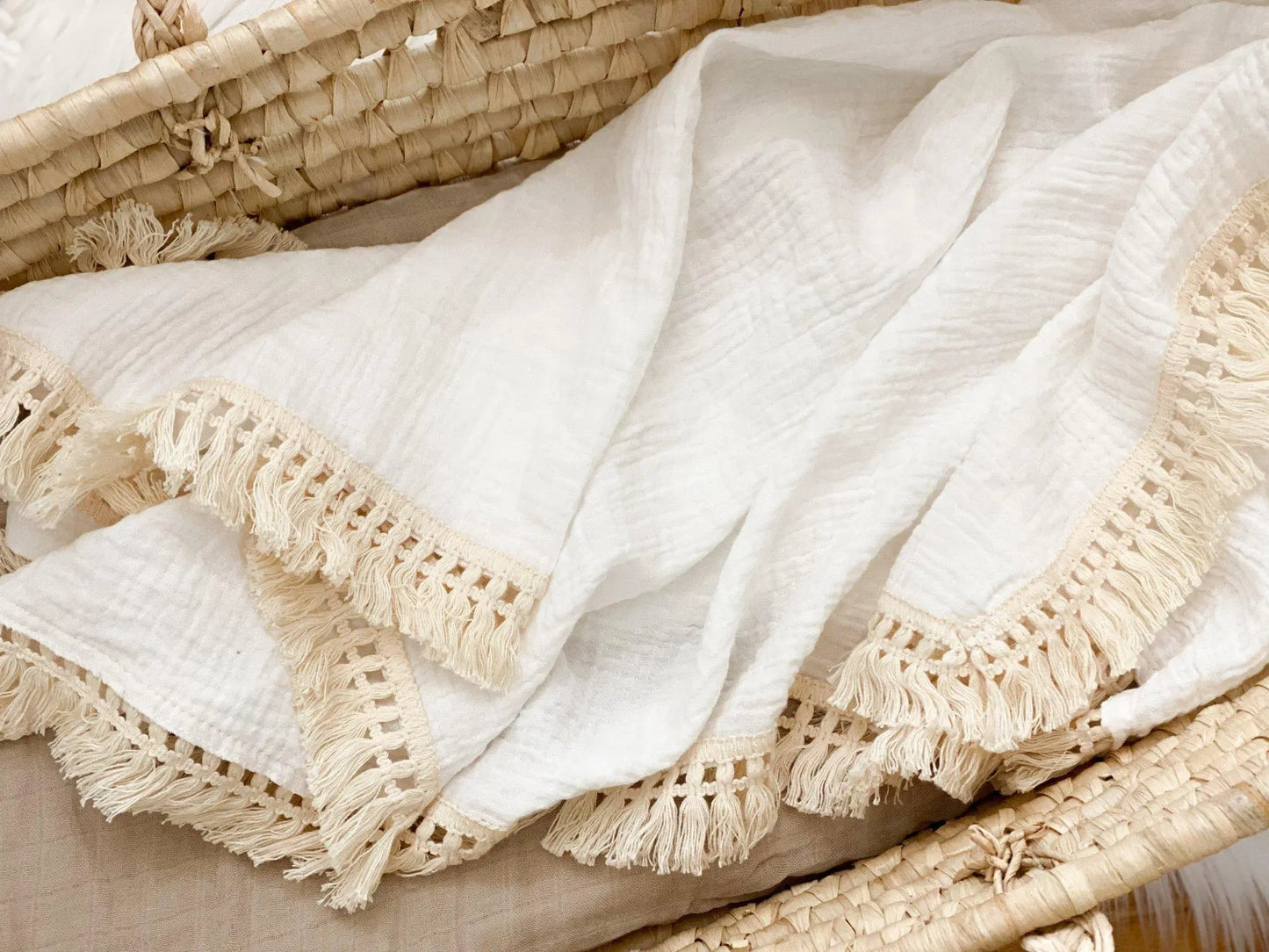 Fringe Swaddle Blanket - White Harp Angel Boutique