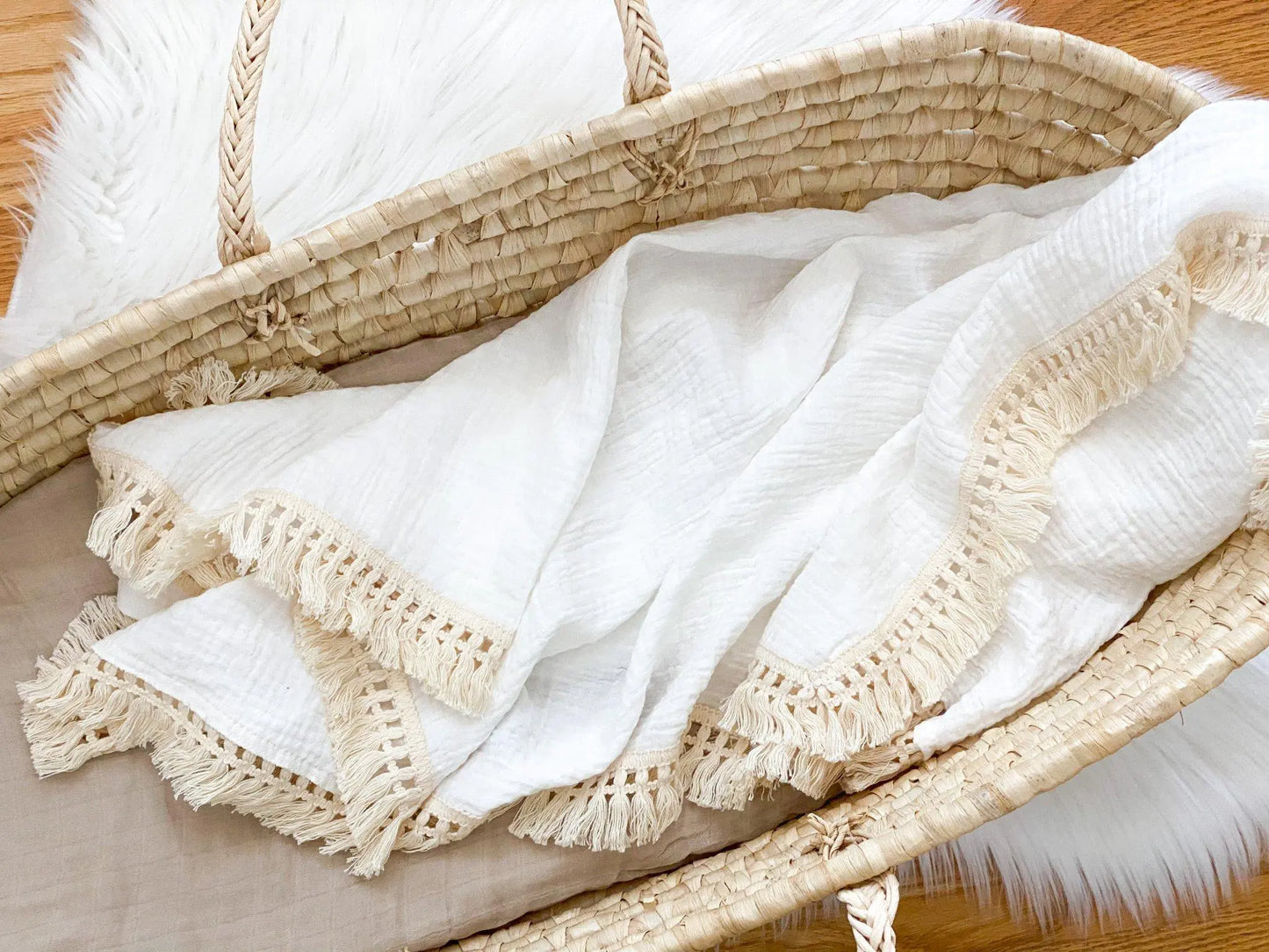 Fringe Swaddle Blanket - White Harp Angel Boutique