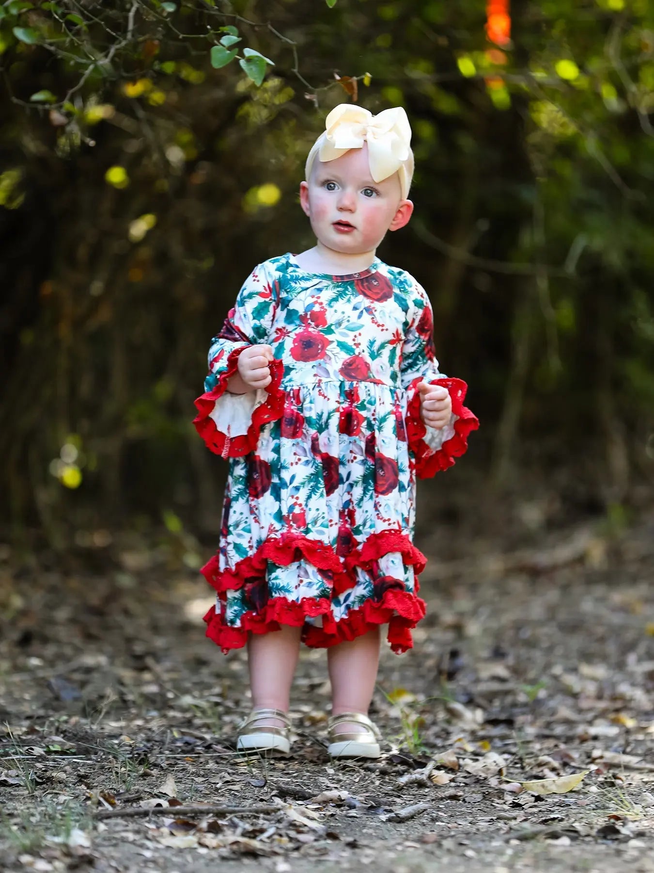 Girls Christmas Floral Print Long Sleeve Dress Rylee Faith Designs Everetts Place: Online Boutique