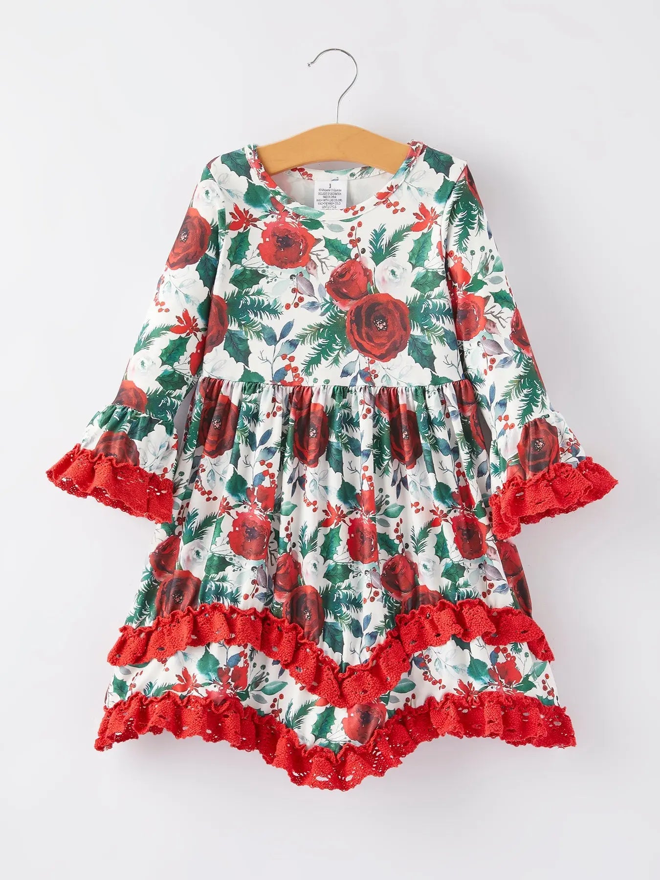 Girls Christmas Floral Print Long Sleeve Dress Rylee Faith Designs Everetts Place: Online Boutique