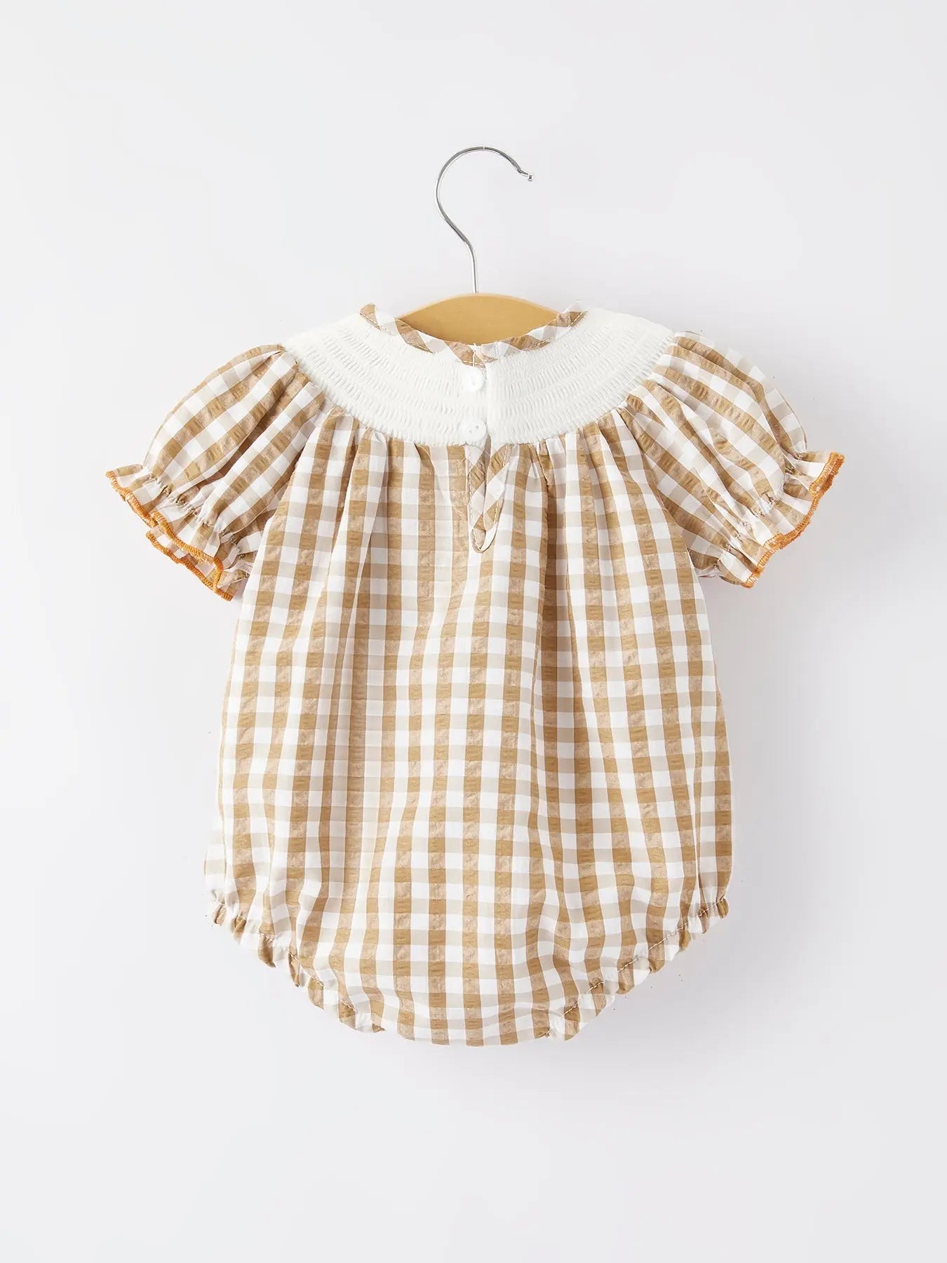 Girls Thanksgiving Smocking Embroidered Brown Plaid Romper Rylee Faith Designs Everetts Place: Online Boutique