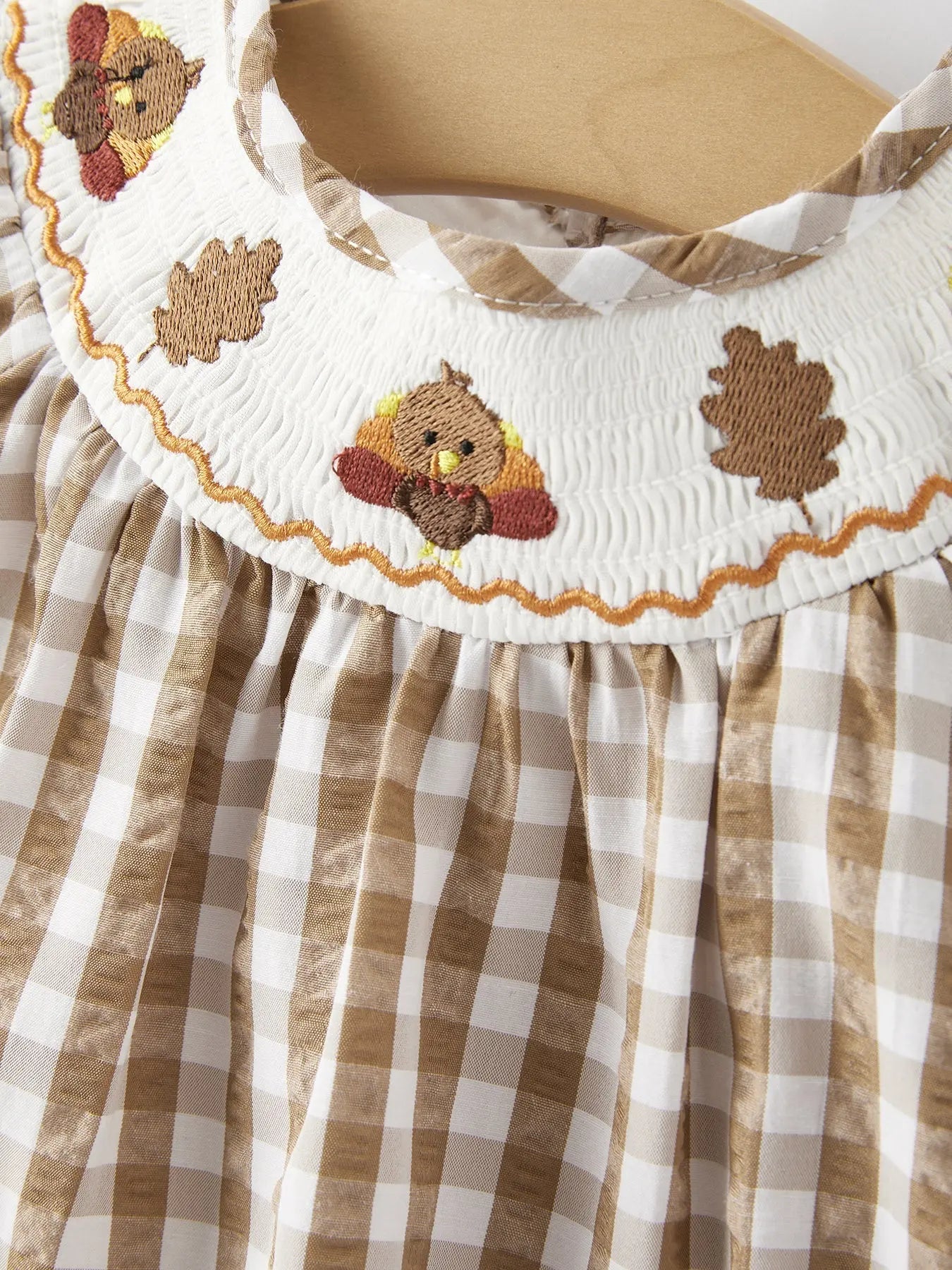 Girls Thanksgiving Smocking Embroidered Brown Plaid Romper Rylee Faith Designs Everetts Place: Online Boutique