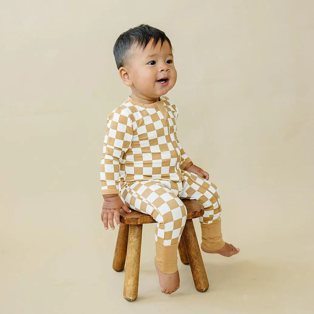 Little Joy Co. Golden Coast Check Bamboo Zipper Romper For Babies - Apparel & Accessories > Clothing > Baby & Toddler Clothing > Baby One-Pieces