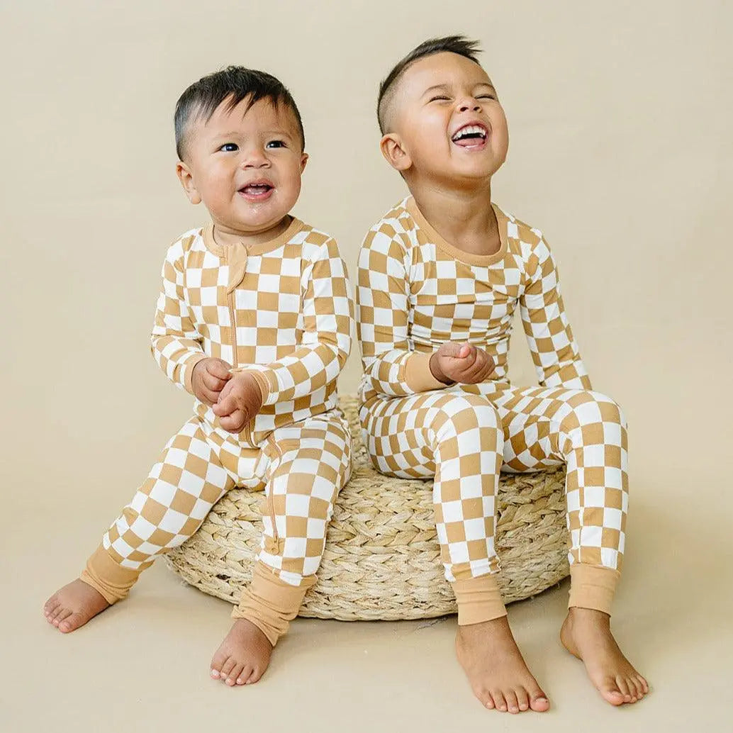Little Joy Co. Golden Coast Check Bamboo Zipper Romper For Babies - Apparel & Accessories > Clothing > Baby & Toddler Clothing > Baby One-Pieces