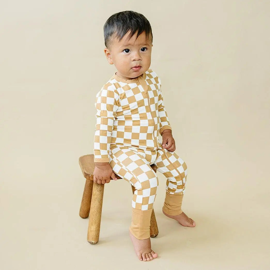Little Joy Co. Golden Coast Check Bamboo Zipper Romper For Babies - Apparel & Accessories > Clothing > Baby & Toddler Clothing > Baby One-Pieces