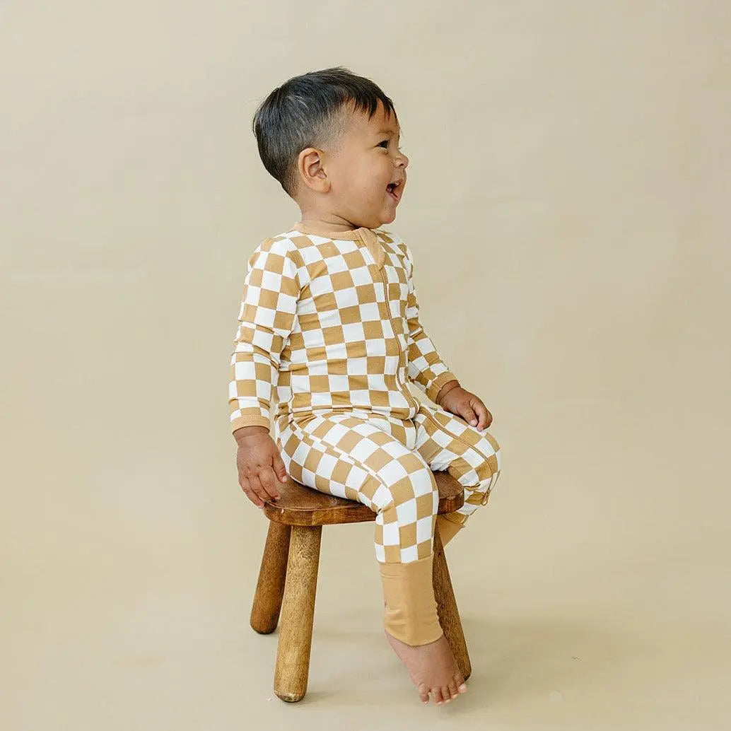 Little Joy Co. Golden Coast Check Bamboo Zipper Romper For Babies - Apparel & Accessories > Clothing > Baby & Toddler Clothing > Baby One-Pieces