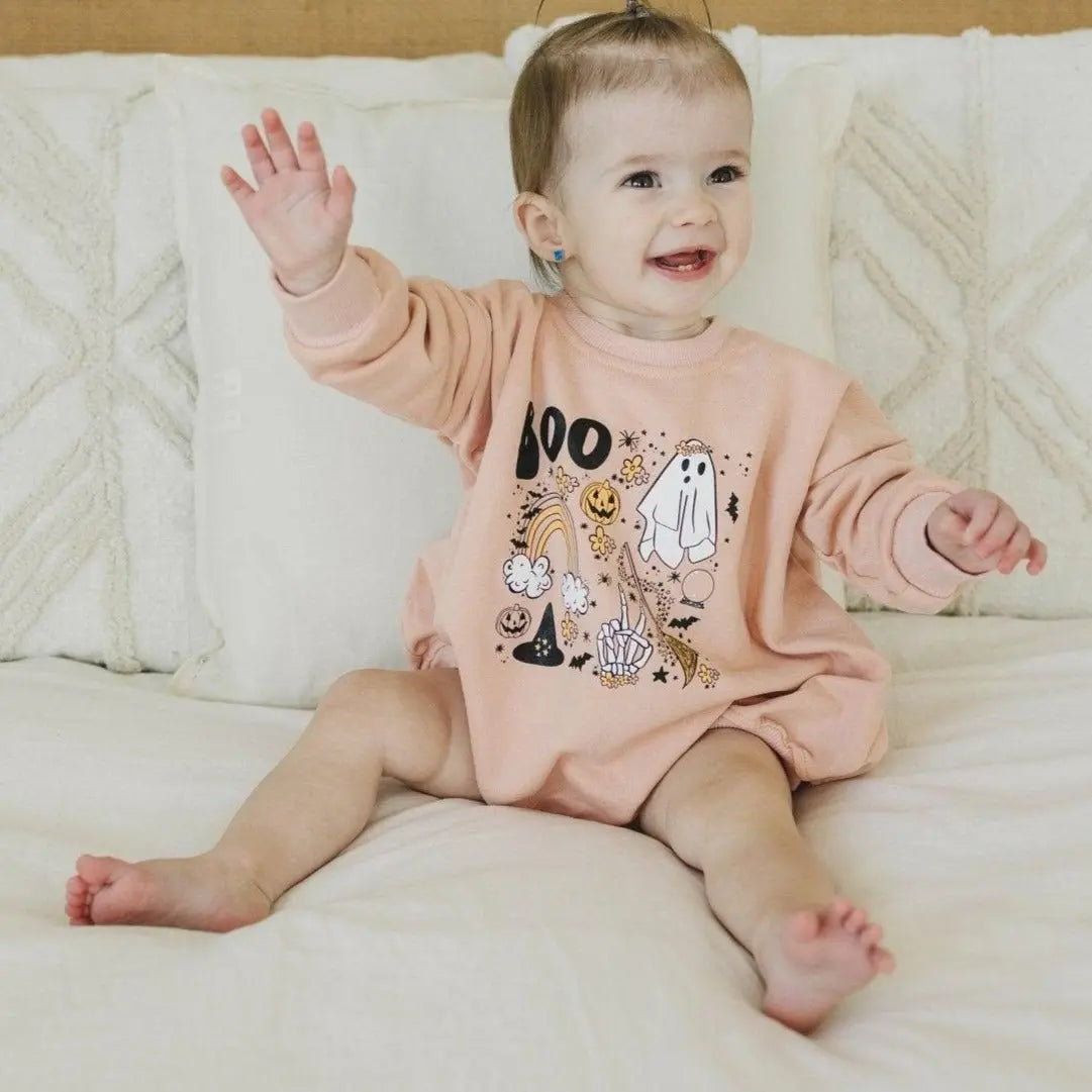 Little Joy Co. Halloween Graphic Oversized Sweatshirt Romper Snaps -
