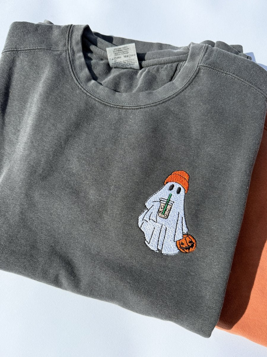 Adult Embroidered Iced Coffee Ghost Comfort Colors Crewneck Sweatshirt - more colors - Everetts Place Boutique -