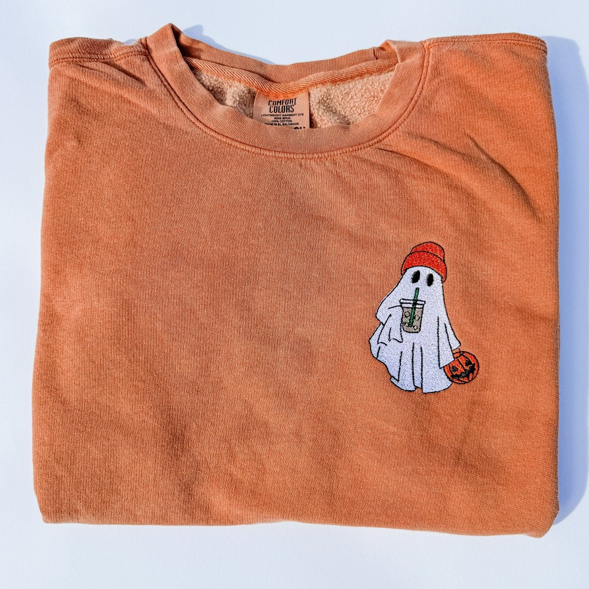 Adult Embroidered Iced Coffee Ghost Comfort Colors Crewneck Sweatshirt - more colors - Everetts Place Boutique -