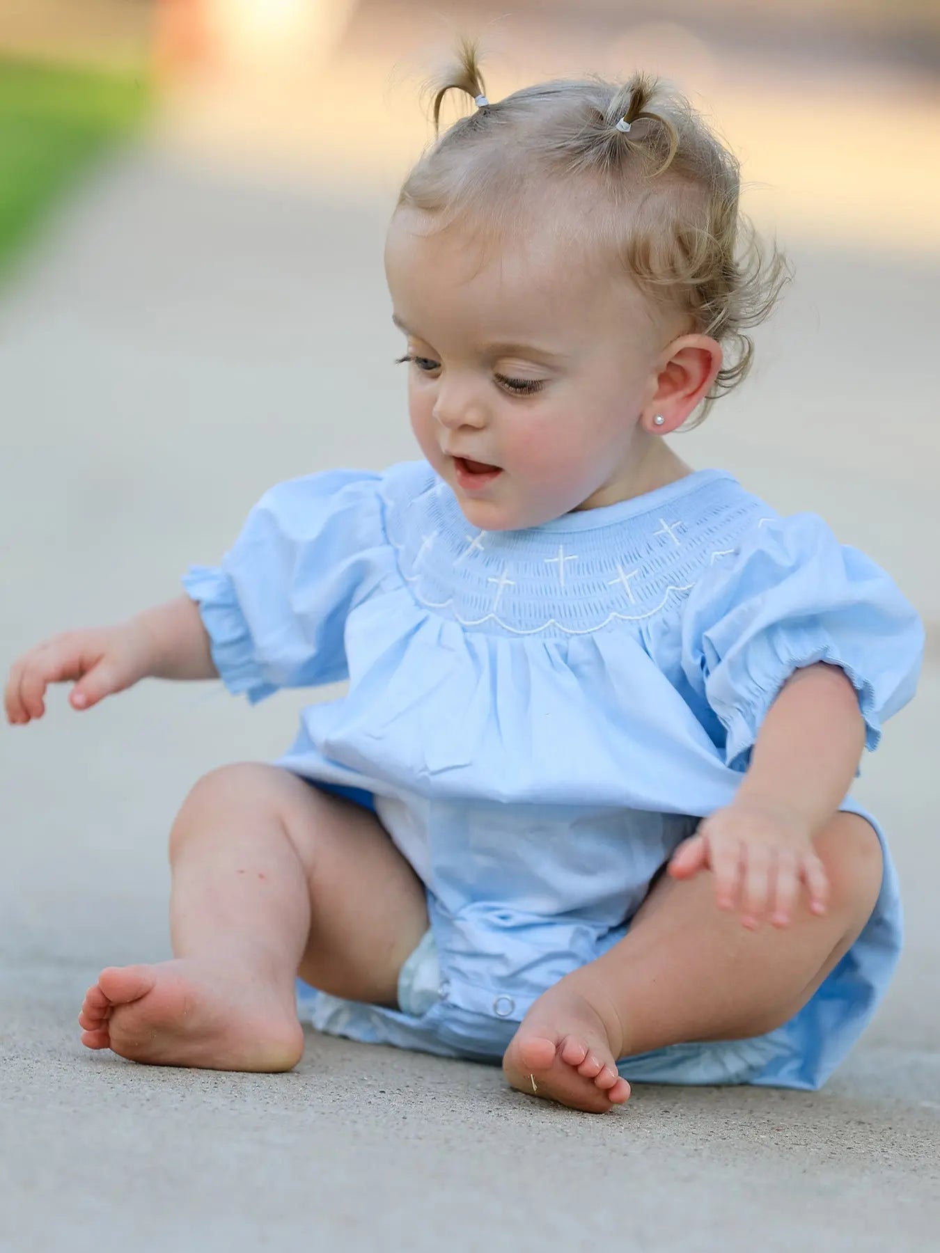 Girls Cross Smocking Embroidered Blue Romper Rylee Faith Designs
