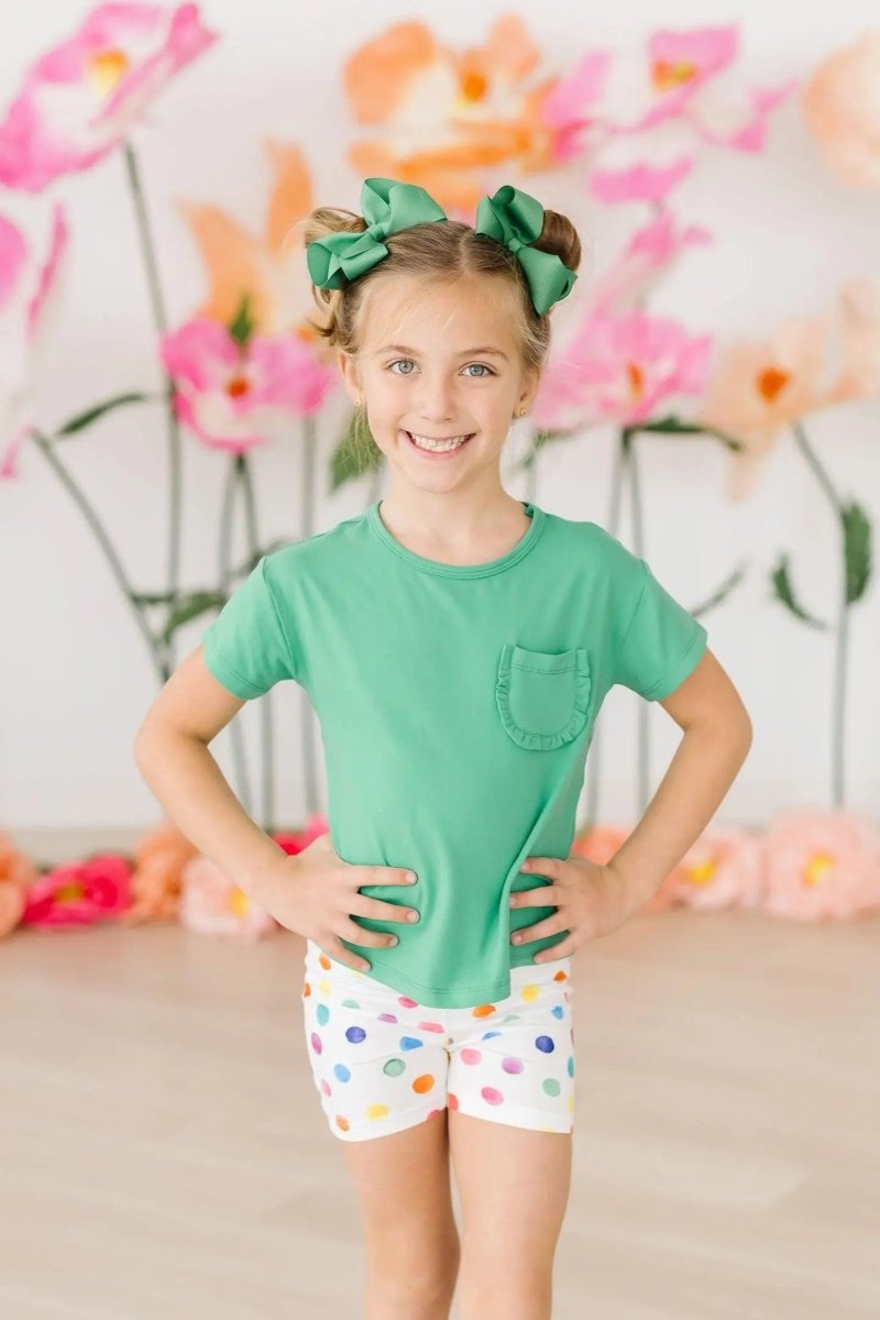 Mila & Rose ® Kelly Green Ruffle Pocket Tee for Girls With Boxy Fit - Everetts Place Boutique -