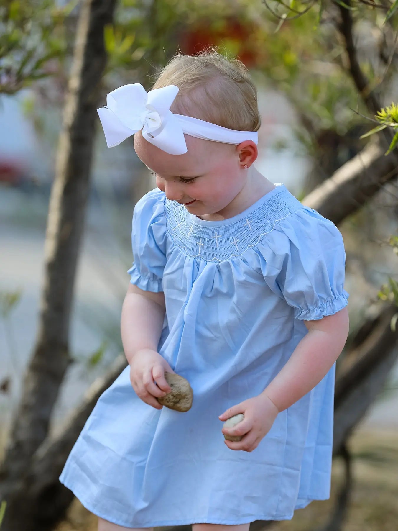 Girls Cross Smocking Embroidered Blue Dress Rylee Faith Designs