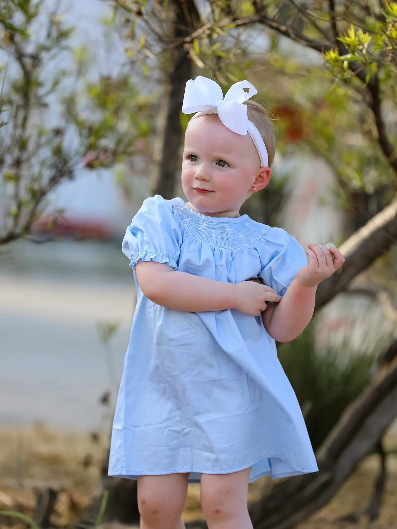 Girls Cross Smocking Embroidered Blue Dress Rylee Faith Designs