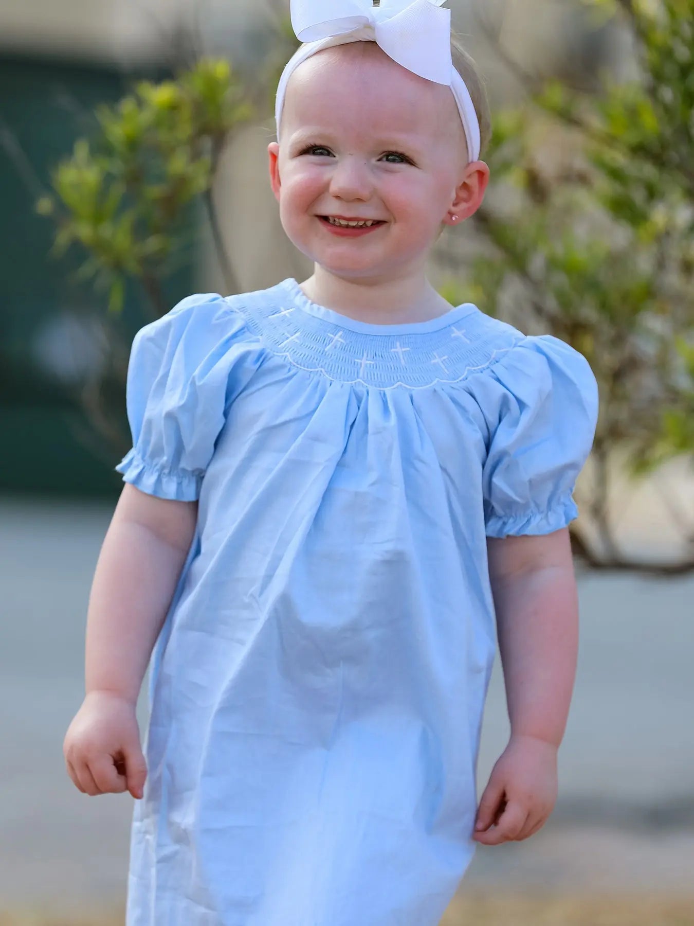 Girls Cross Smocking Embroidered Blue Dress Rylee Faith Designs