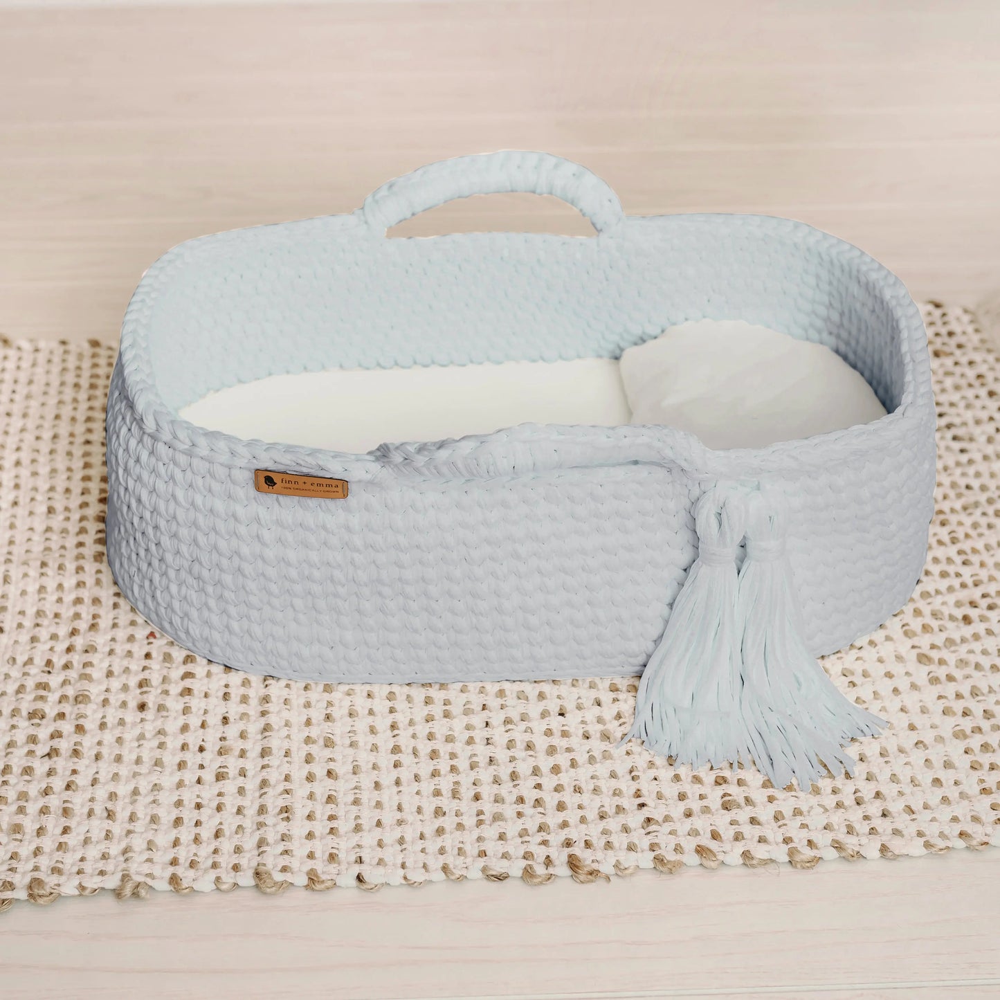 Light Blue Carry Cot with Removable Mattress and Organic Cotton Knit Weave Finn + Emma