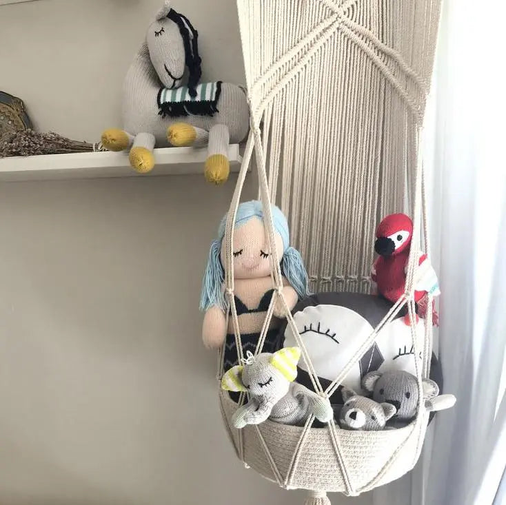 Macrame Toy Hanging Basket for Children's Room Boho Décor and Organization Finn + Emma
