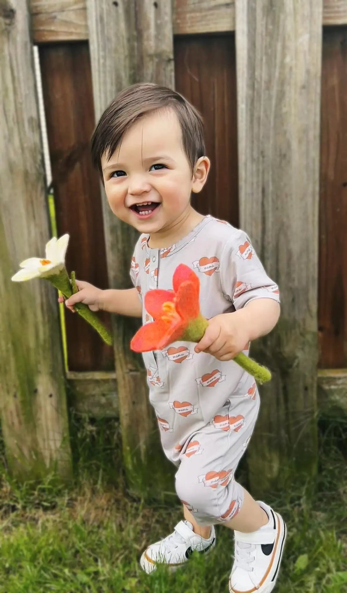 Little Joy Co. Mama Tattoo Hearts Bamboo Henley Romper for Babies - Apparel & Accessories > Clothing > Baby & Toddler Clothing > Baby One-Pieces