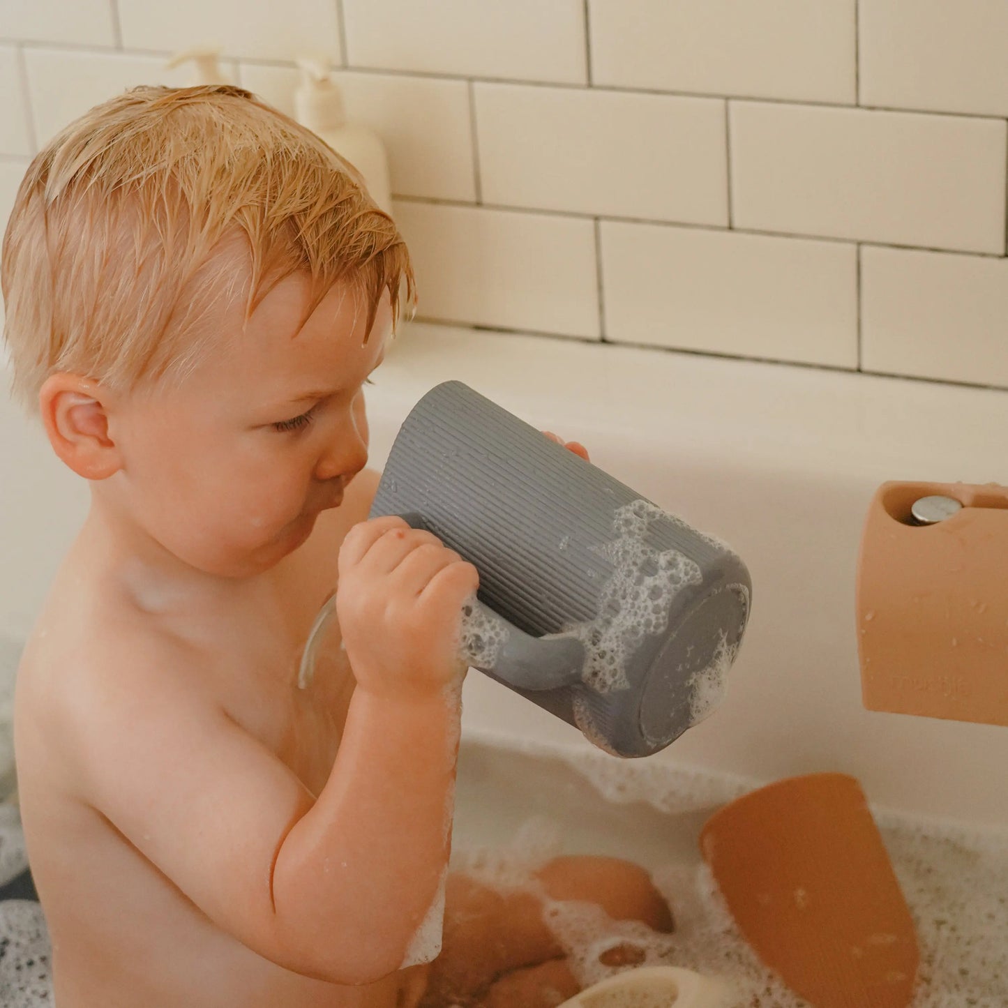Bath Rinse Cup for Kids with Textured Grip and Controlled Water Stream Mushie