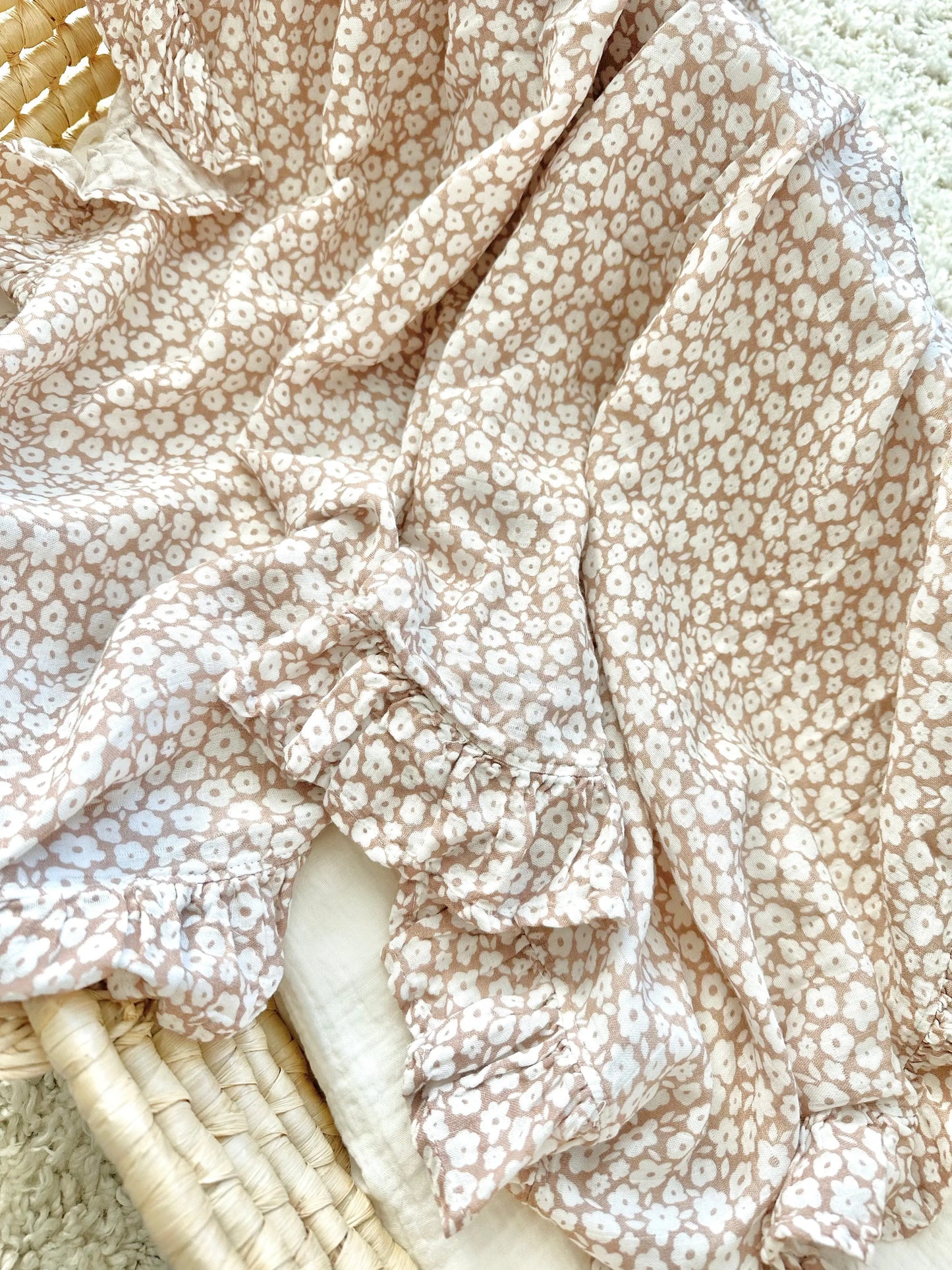 Muslin Swaddle Blanket - Mocha Ditsy Floral Ruffle Harp Angel Boutique