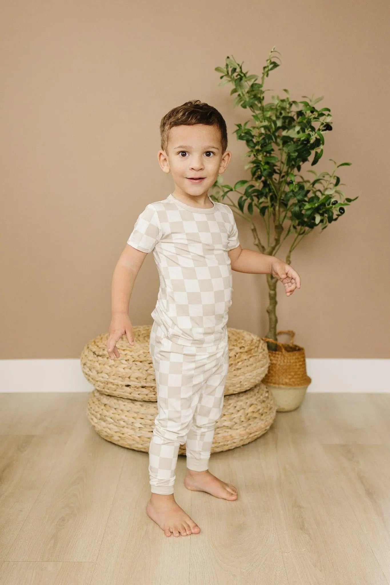 Little Joy Co. Neutral Checker Two Piece Bamboo Pajamas Sleepwear Set Soft - Apparel & Accessories > Clothing > Sleepwear & Loungewear > Pajamas
