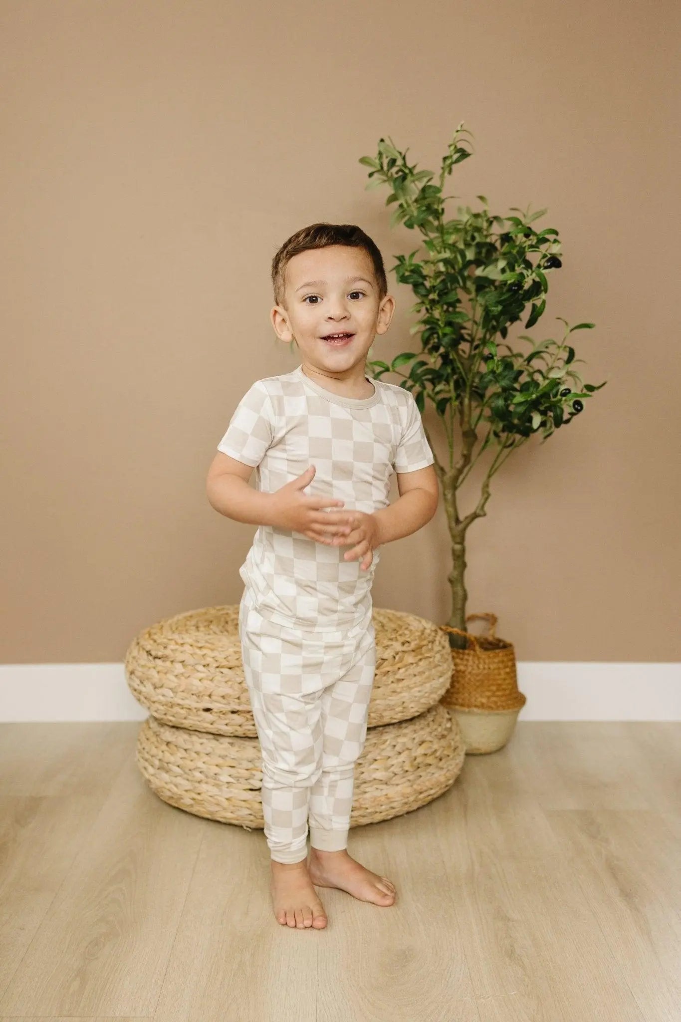 Little Joy Co. Neutral Checker Two Piece Bamboo Pajamas Sleepwear Set Soft - Apparel & Accessories > Clothing > Sleepwear & Loungewear > Pajamas